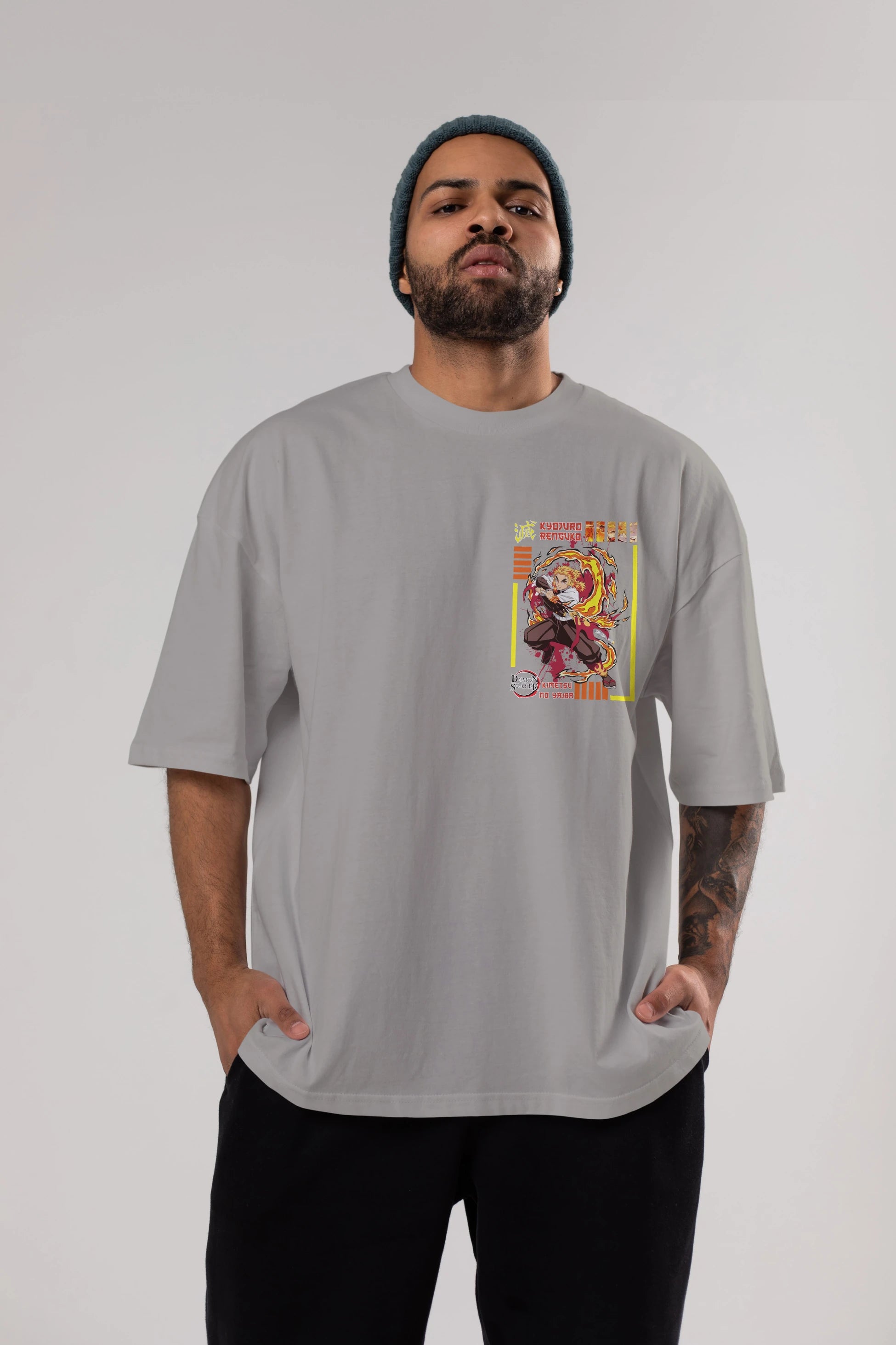 KYOJURO RENGOKU Ön Sol Baskılı Oversize t-shirt Erkek Kadın Unisex %100 Pamuk Bisiklet Yaka tişort