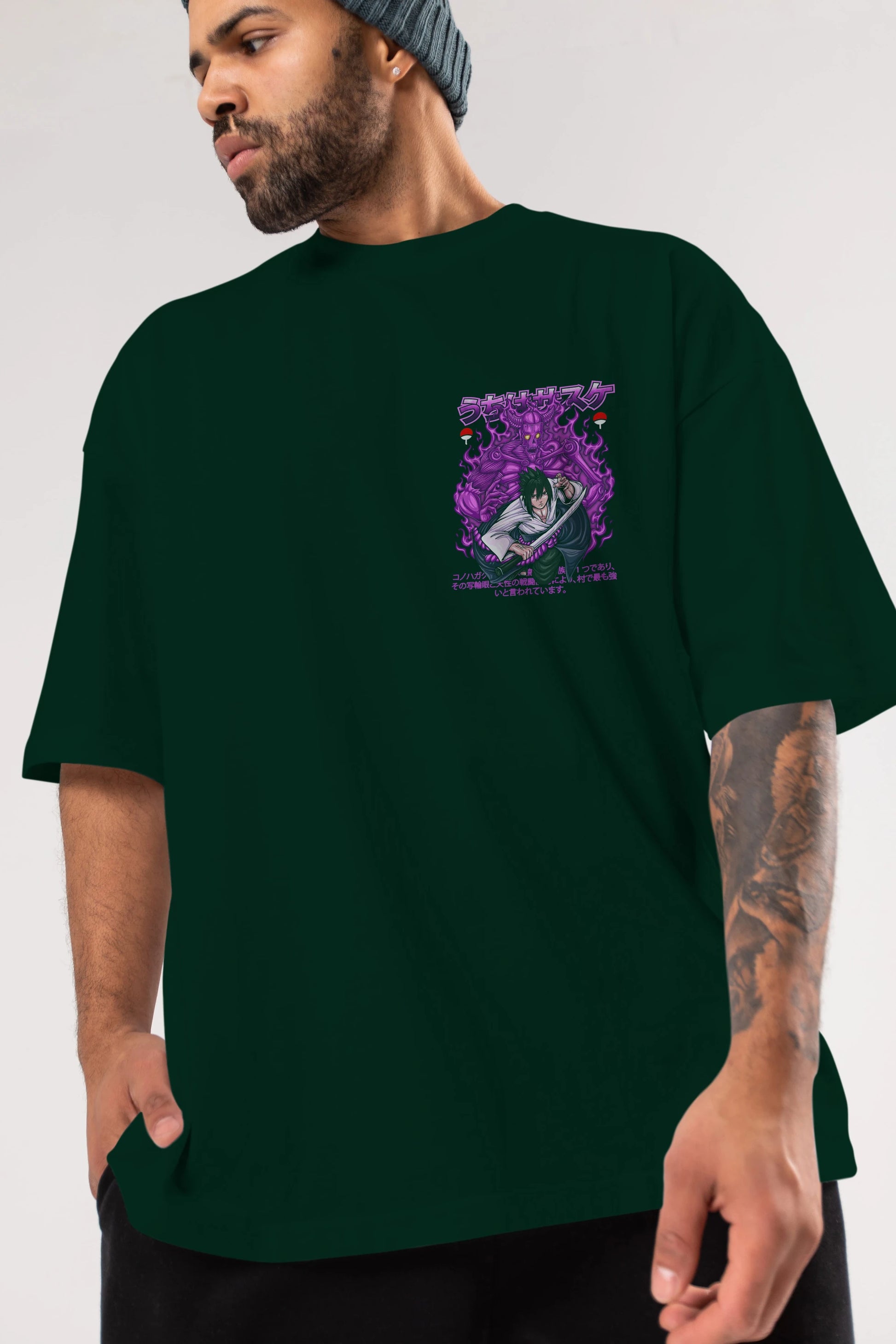 SASUKE UCHIHA NARUTO Ön Sol Baskılı Oversize t-shirt Erkek Kadın Unisex %100 Pamuk Bisiklet Yaka tişort