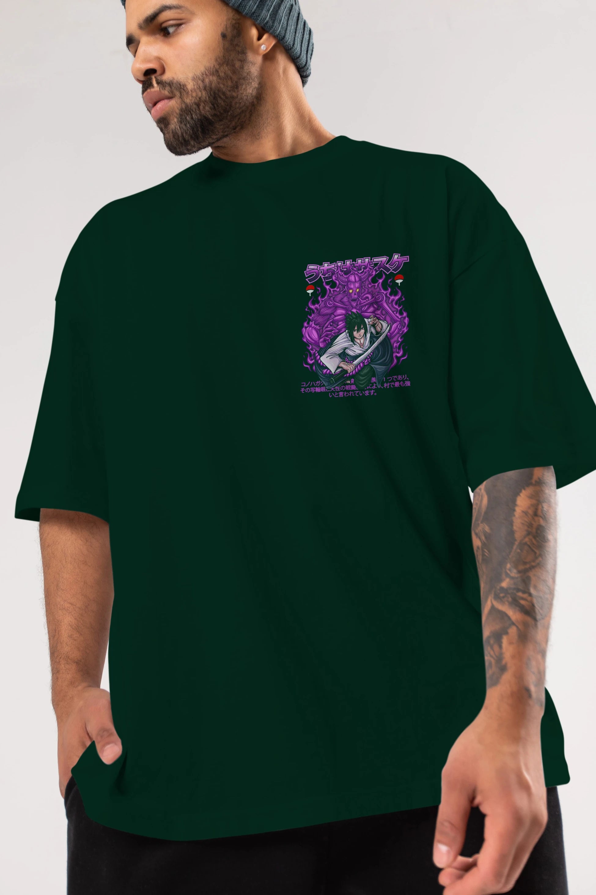 SASUKE UCHIHA NARUTO Ön Sol Baskılı Oversize t-shirt Erkek Kadın Unisex %100 Pamuk Bisiklet Yaka tişort