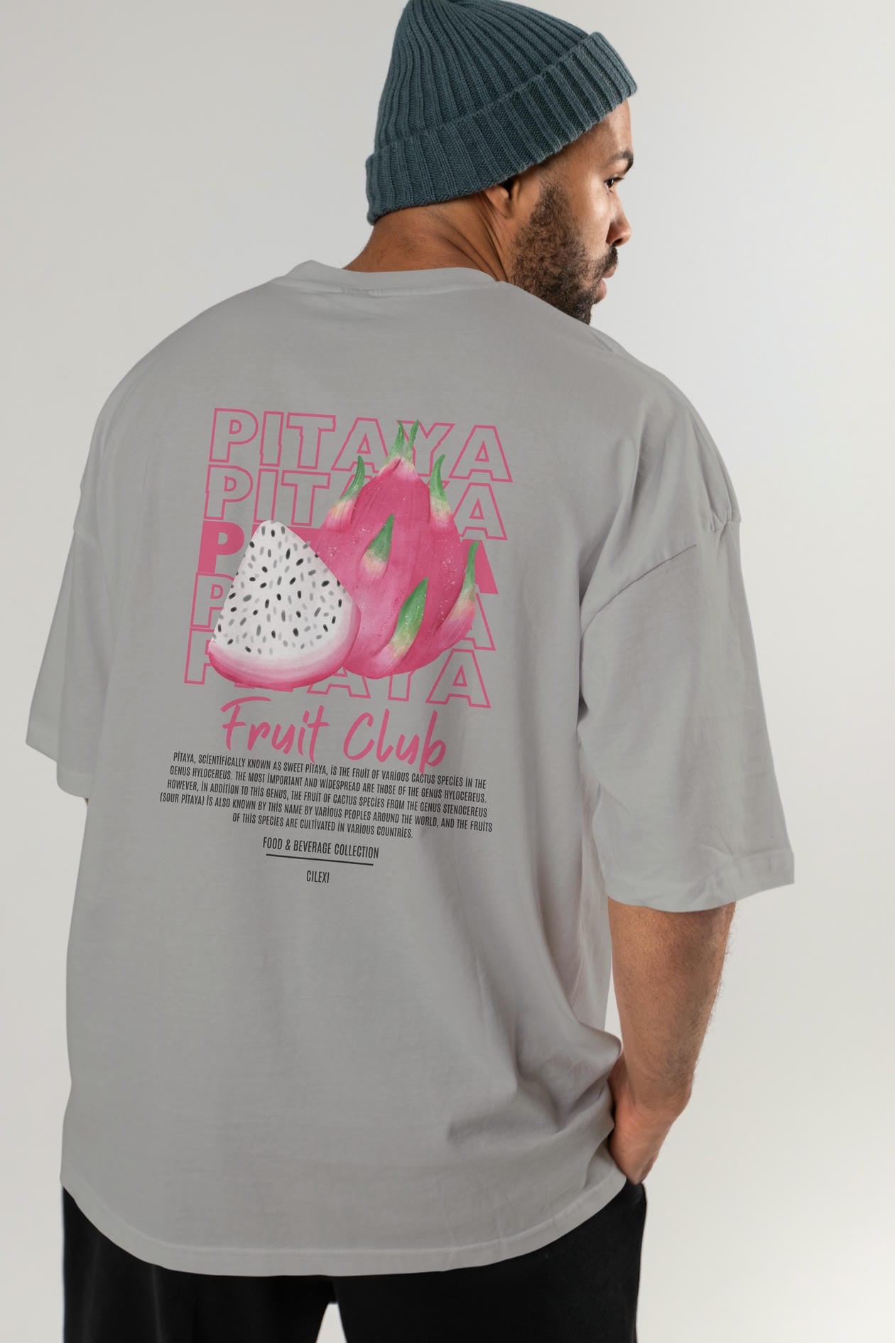 Pitaya Arka Baskılı Oversize t-shirt Erkek Kadın Pamuk Bisiklet Yaka tişort