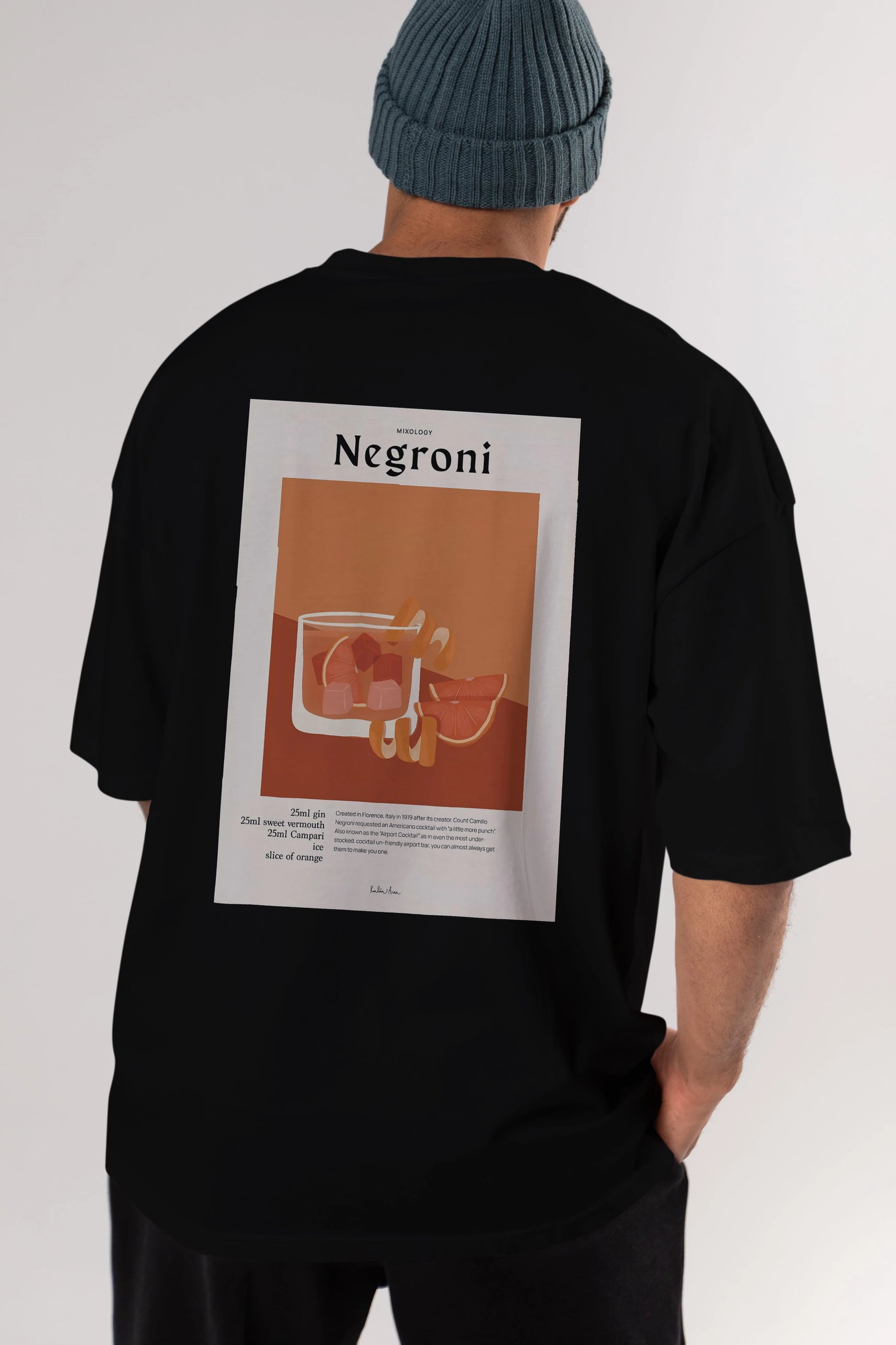 Mixology Negroni Arka Baskılı Oversize t-shirt Erkek Kadın Unisex %100 Pamuk Bisiklet Yaka tişort