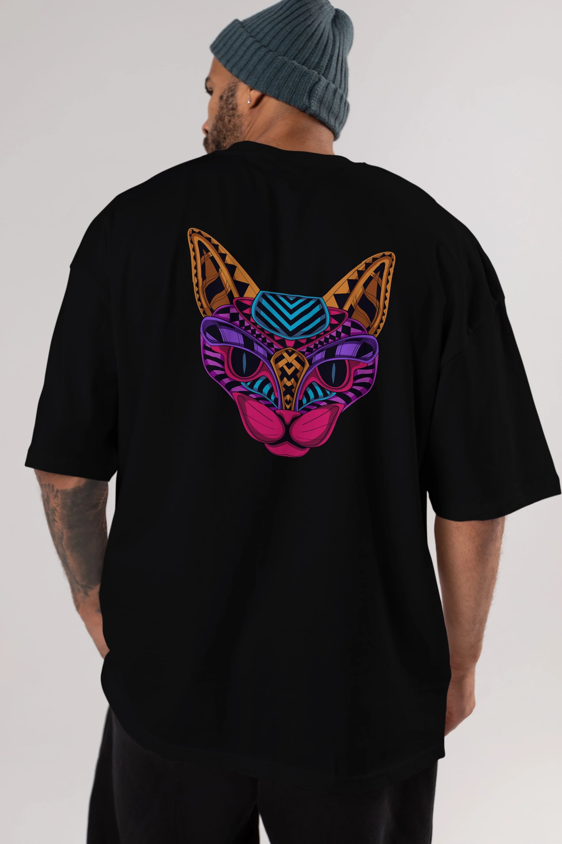Black Neon Cat Arka Baskılı Oversize t-shirt Erkek Kadın Unisex