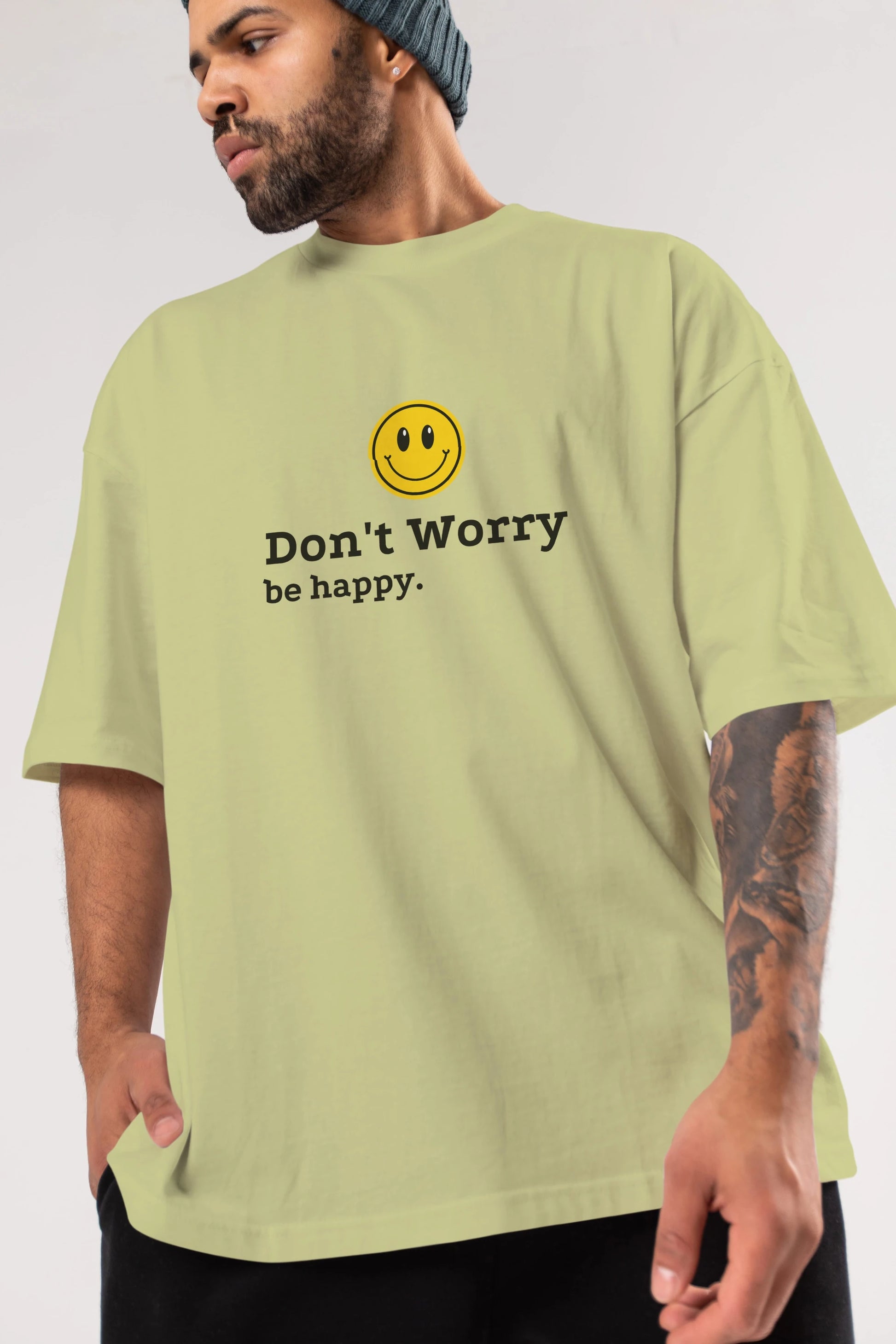 Don't Worry Be Happy Yazılı Ön Baskılı Oversize t-shirt Erkek Kadın Unisex