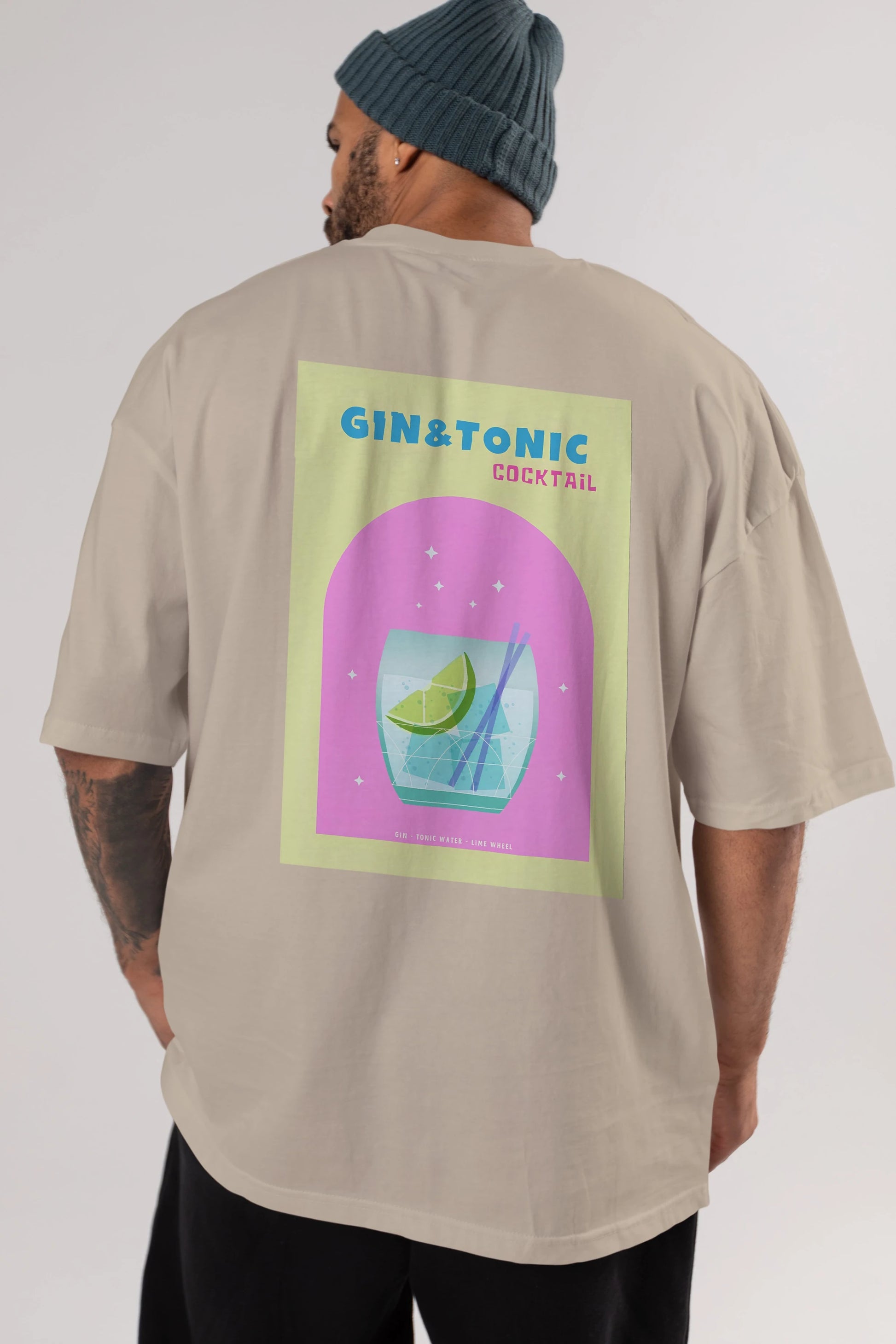 Gin Tonic Cocktail Arka Baskılı Oversize t-shirt Erkek Kadın Unisex %100 Pamuk Bisiklet Yaka tişort
