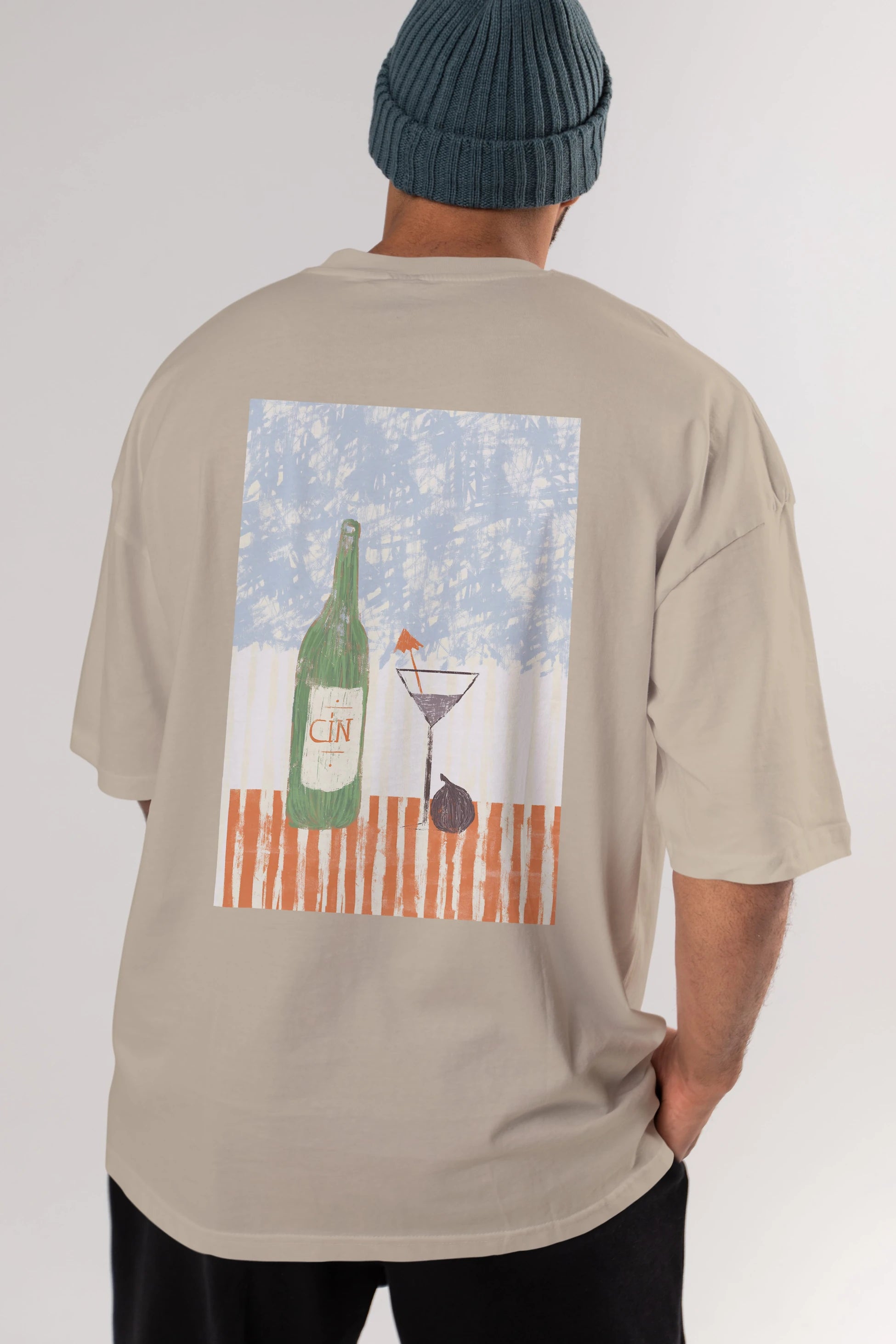 Gin Arka Baskılı Oversize t-shirt Erkek Kadın Unisex %100 Pamuk Bisiklet Yaka tişort