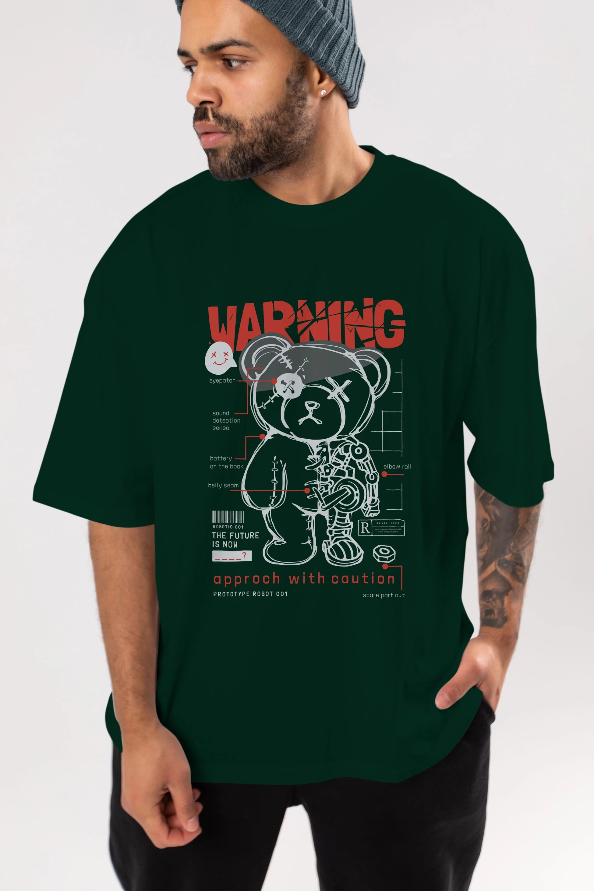 Teddy Bear Warning Ön Baskılı Oversize t-shirt Erkek Kadın Unisex