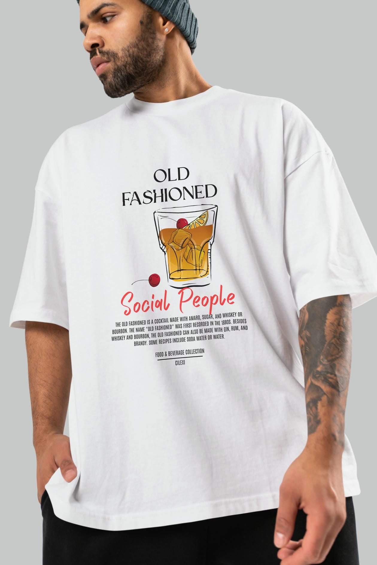 Old Fashıoned Kokteyl Serisi ön Baskılı Oversize t-shirt Erkek Kadın %100 Pamuk Bisiklet Yaka tişort