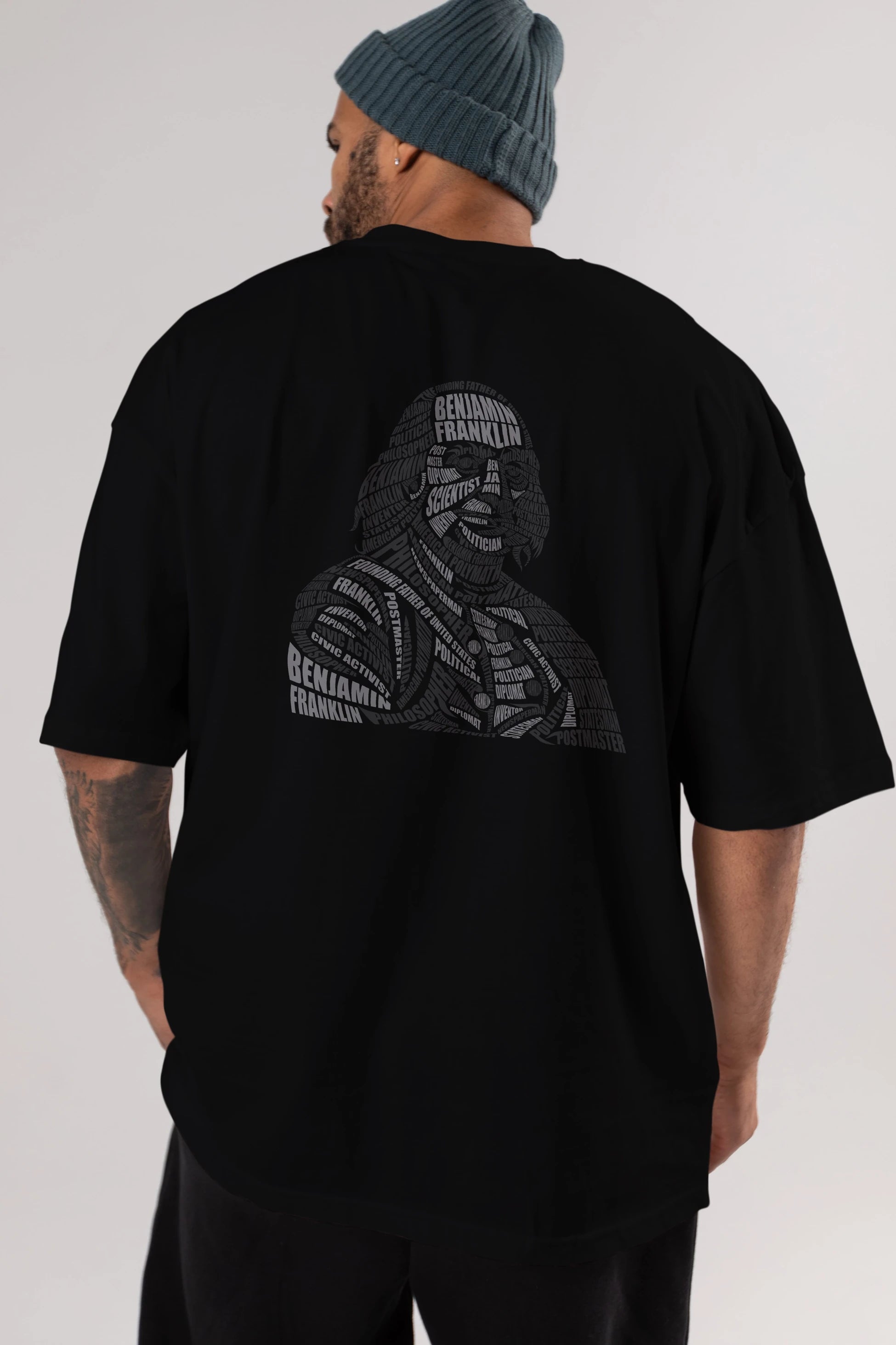 Benjamin Franklin Calligram Arka Baskılı Oversize t-shirt %100 pamuk Erkek Kadın Unisex