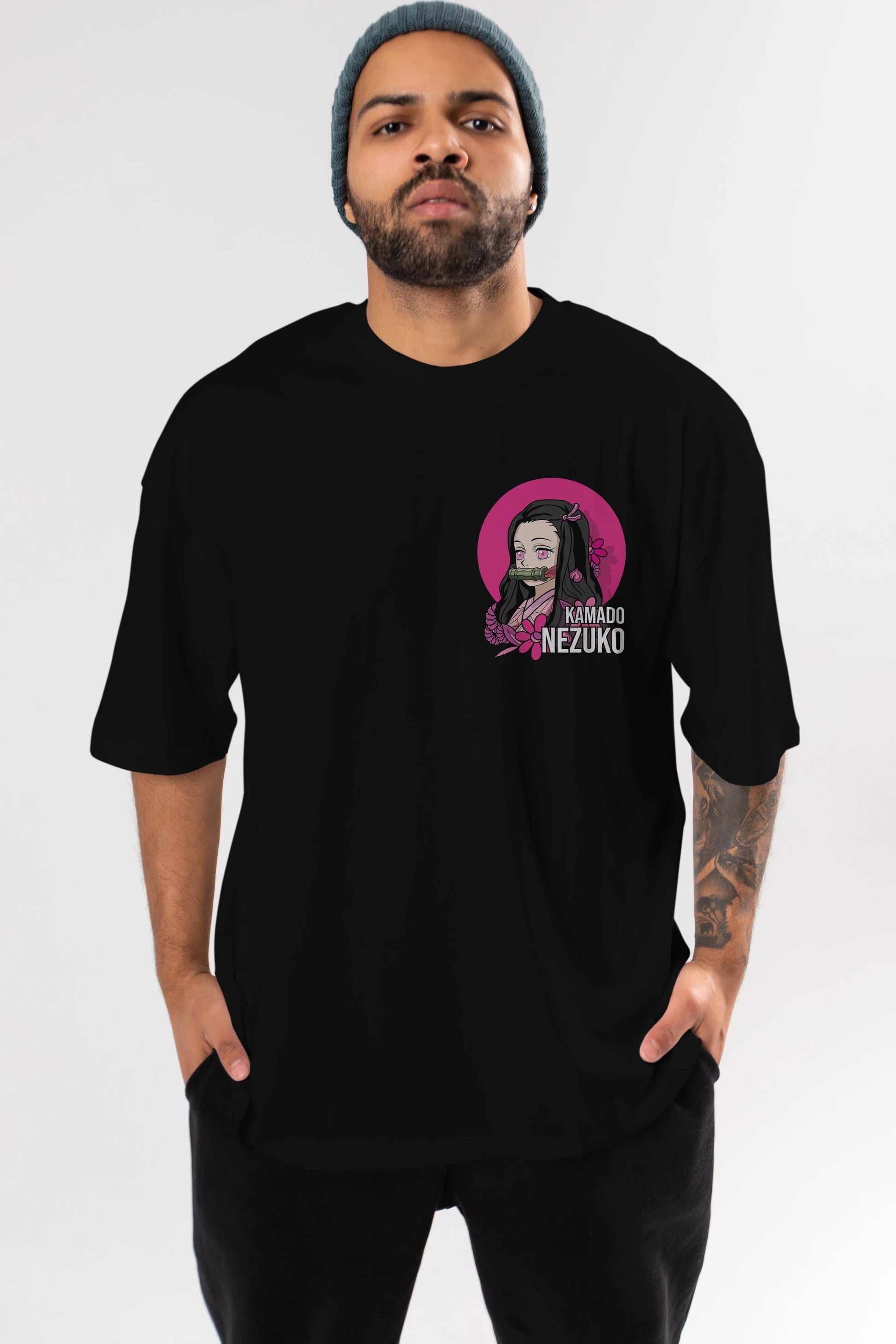 Nezuko Kamado 2 Ön Sol Baskılı Oversize t-shirt Erkek Kadın Unisex %100 Pamuk Bisiklet Yaka tişort