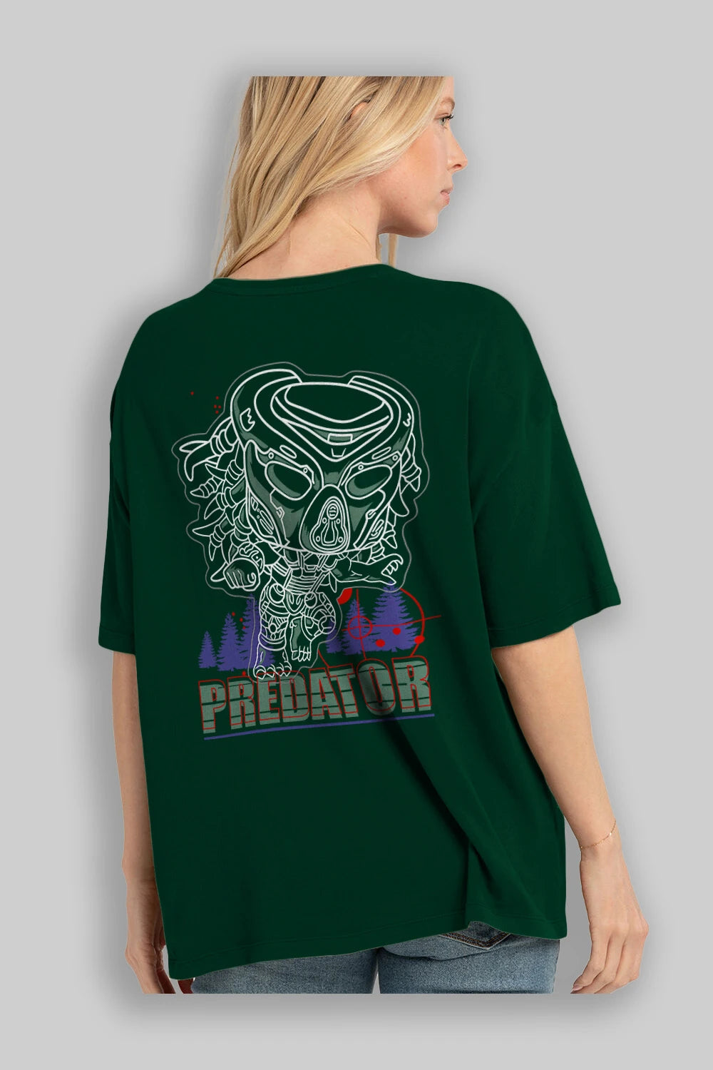Predator Arka Baskılı Oversize t-shirt Erkek Kadın Unisex %100 Pamuk Bisiklet Yaka tişort
