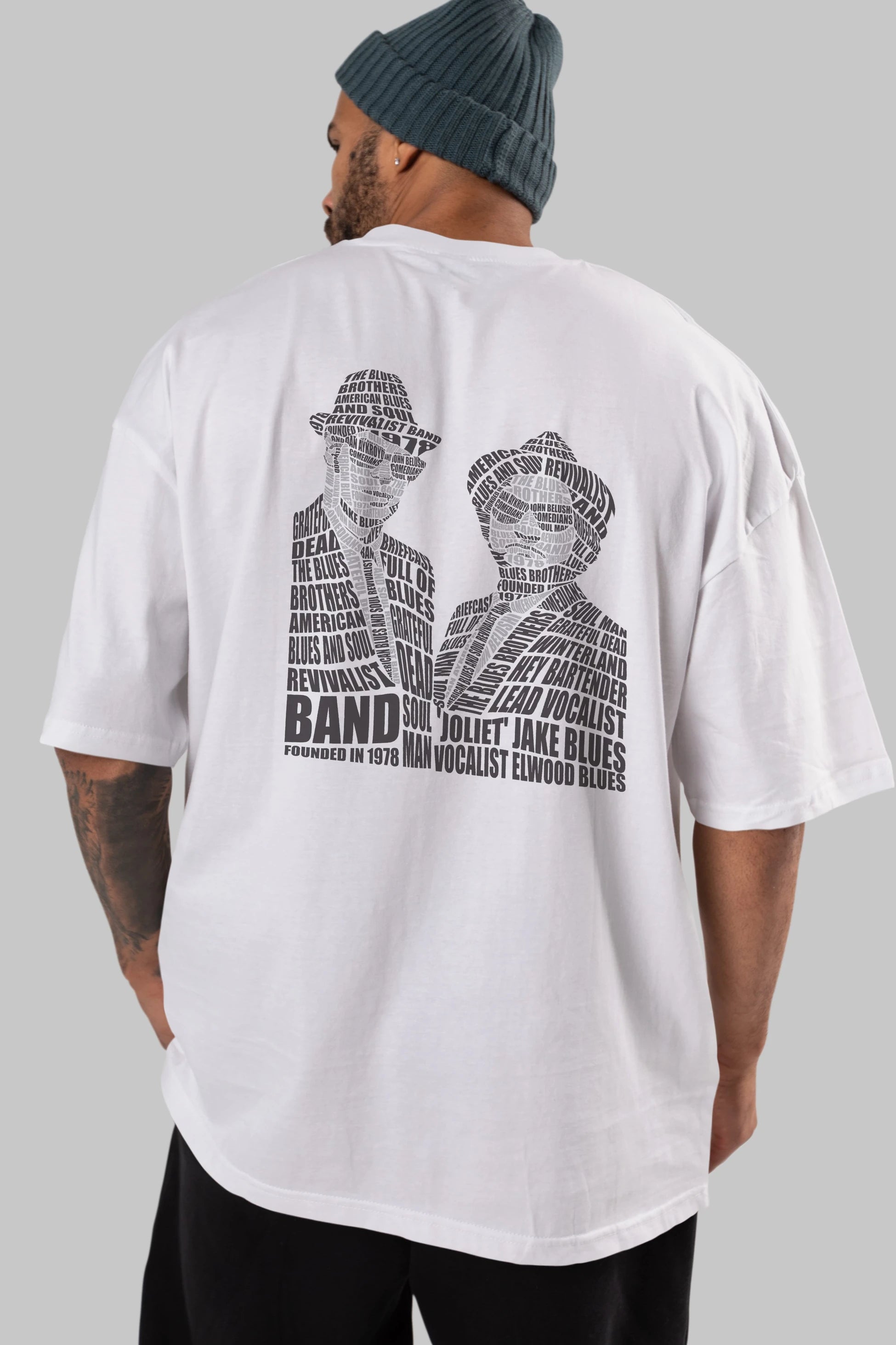 Blues Brothers Calligram Arka Baskılı Oversize t-shirt %100 pamuk Erkek Kadın Unisex