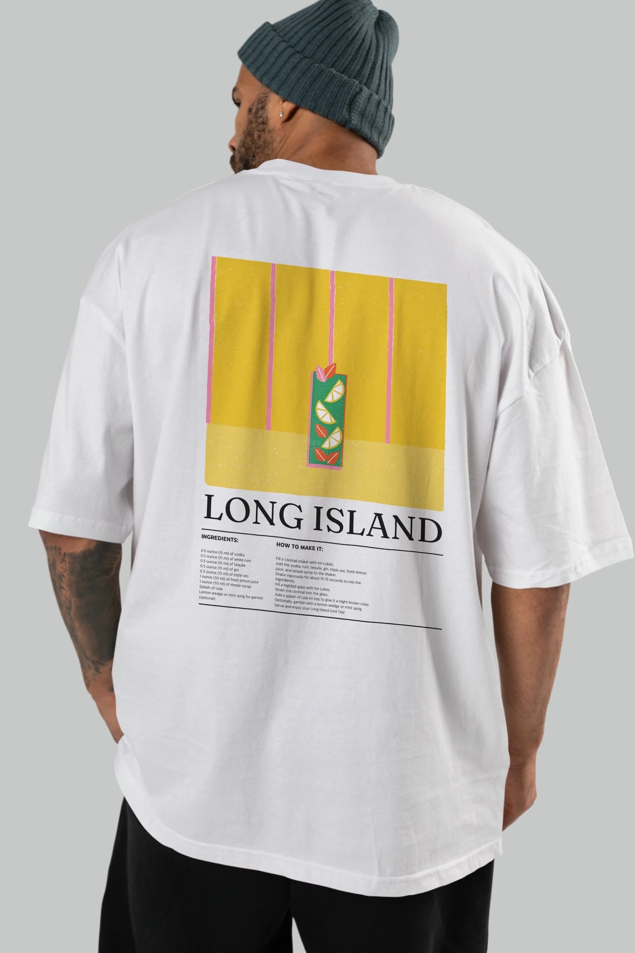 Long Island Kokteyl Serisi Arka Baskılı Oversize t-shirt Erkek Kadın %100 Pamuk Bisiklet Yaka tişort