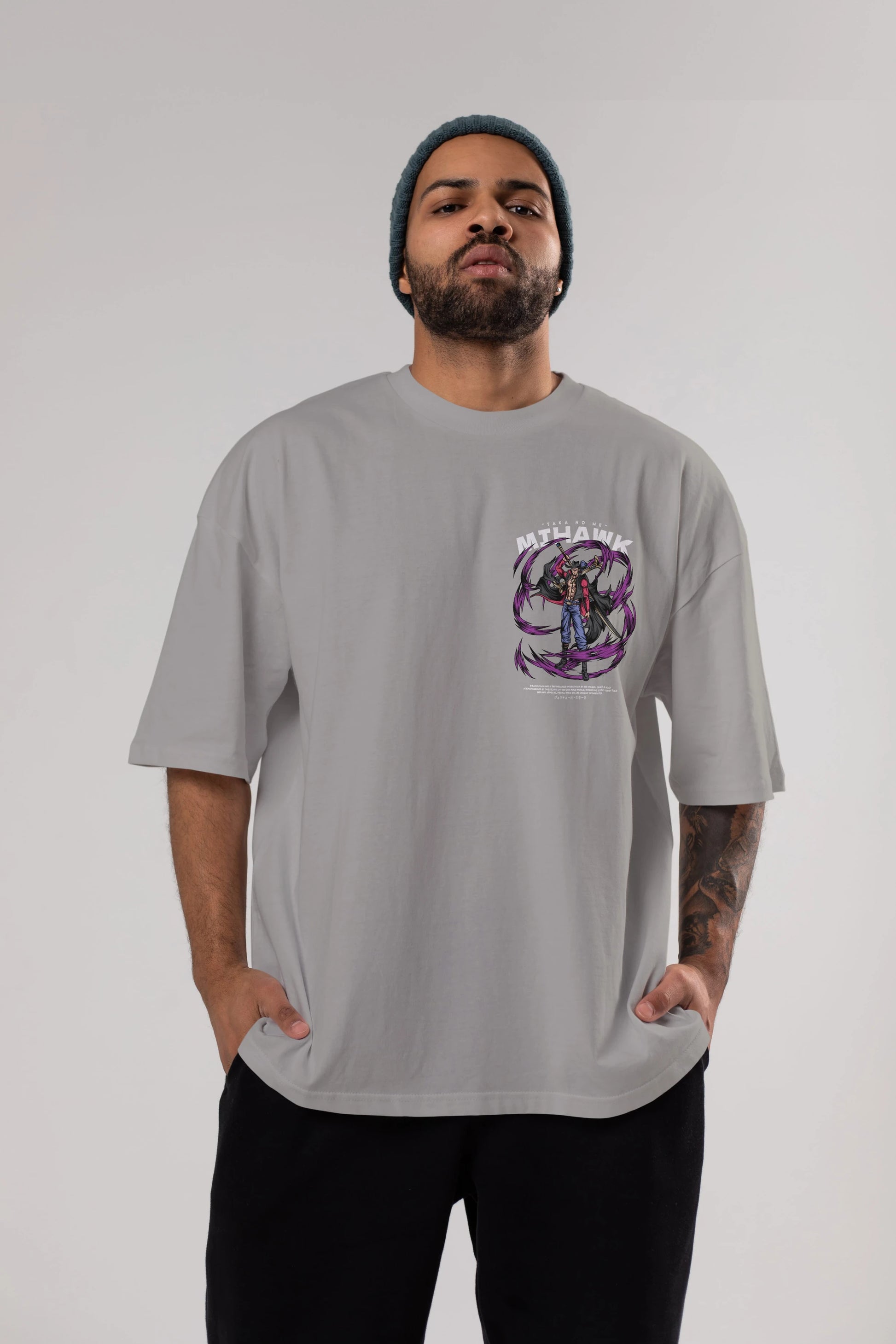 Mihawk Ön Sol Baskılı Oversize t-shirt Erkek Kadın Unisex %100 Pamuk Bisiklet Yaka tişort