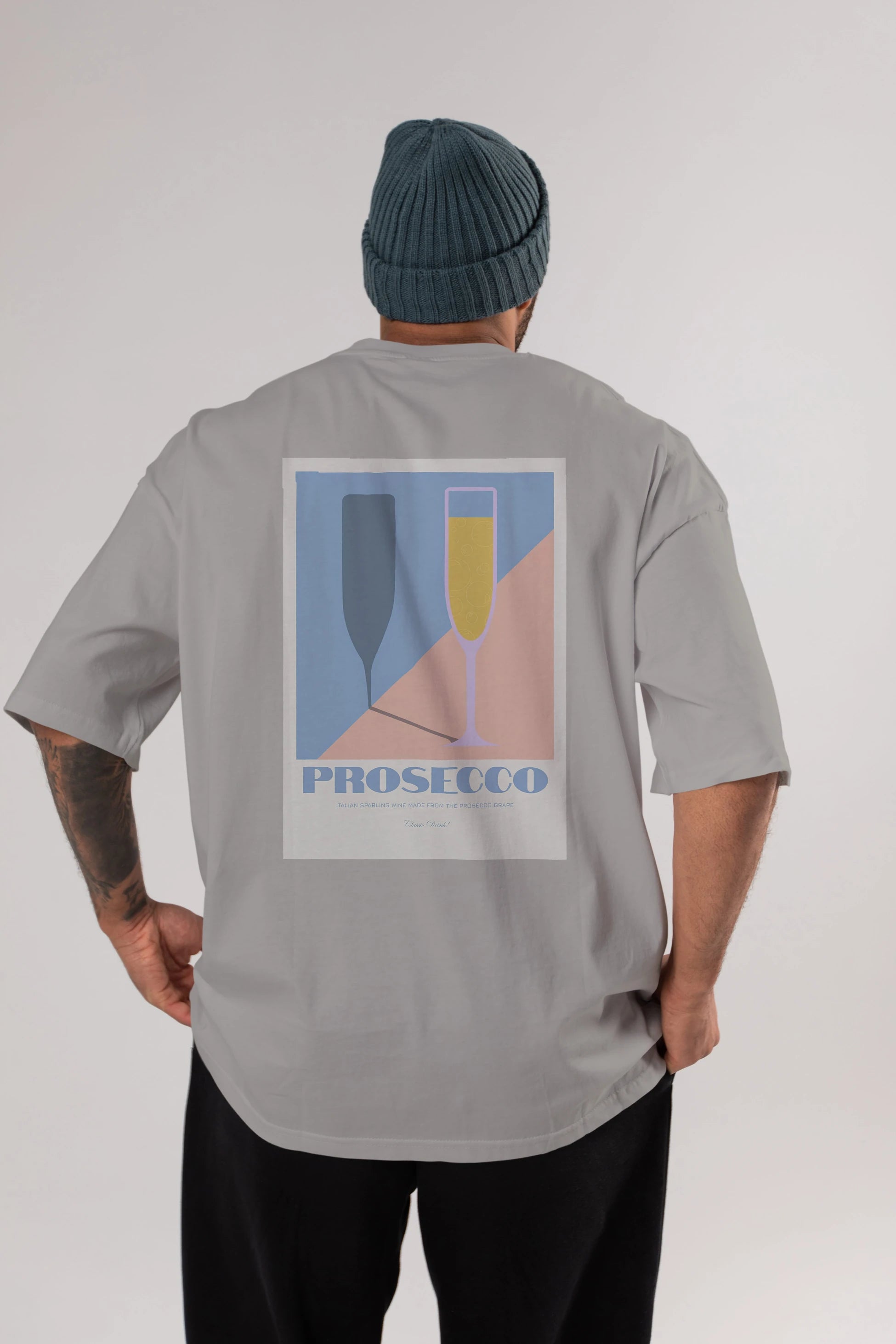 Prosecco Arka Baskılı Oversize t-shirt Erkek Kadın Unisex %100 Pamuk Bisiklet Yaka tişort