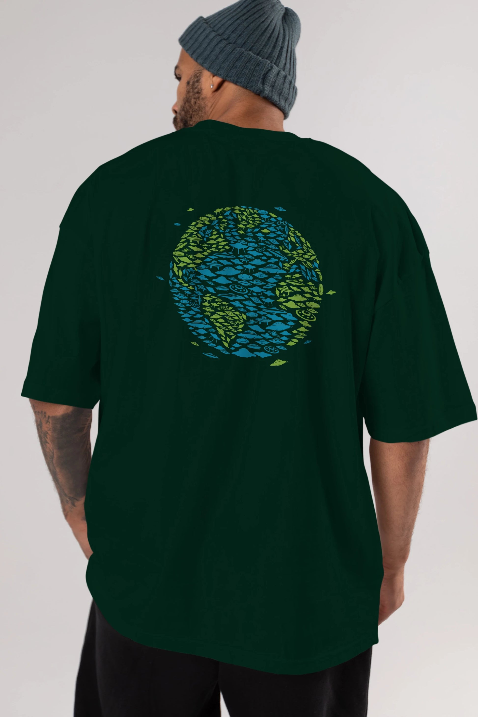UFO Invasion Arka Baskılı Oversize t-shirt %100 pamuk Erkek Kadın Unisex
