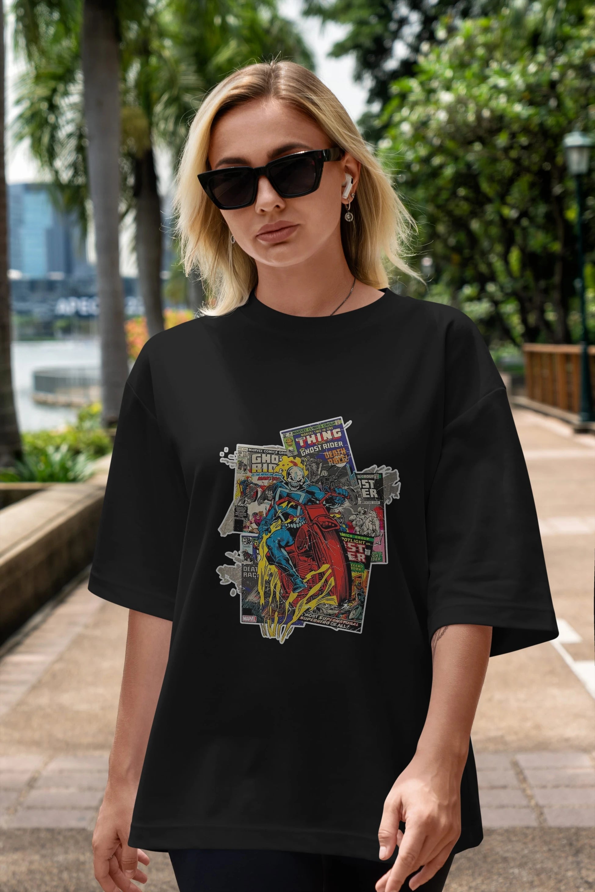 Ghost Rider Ön Baskılı Oversize t-shirt Erkek Kadın Unisex %100 Pamuk Bisiklet Yaka tişort