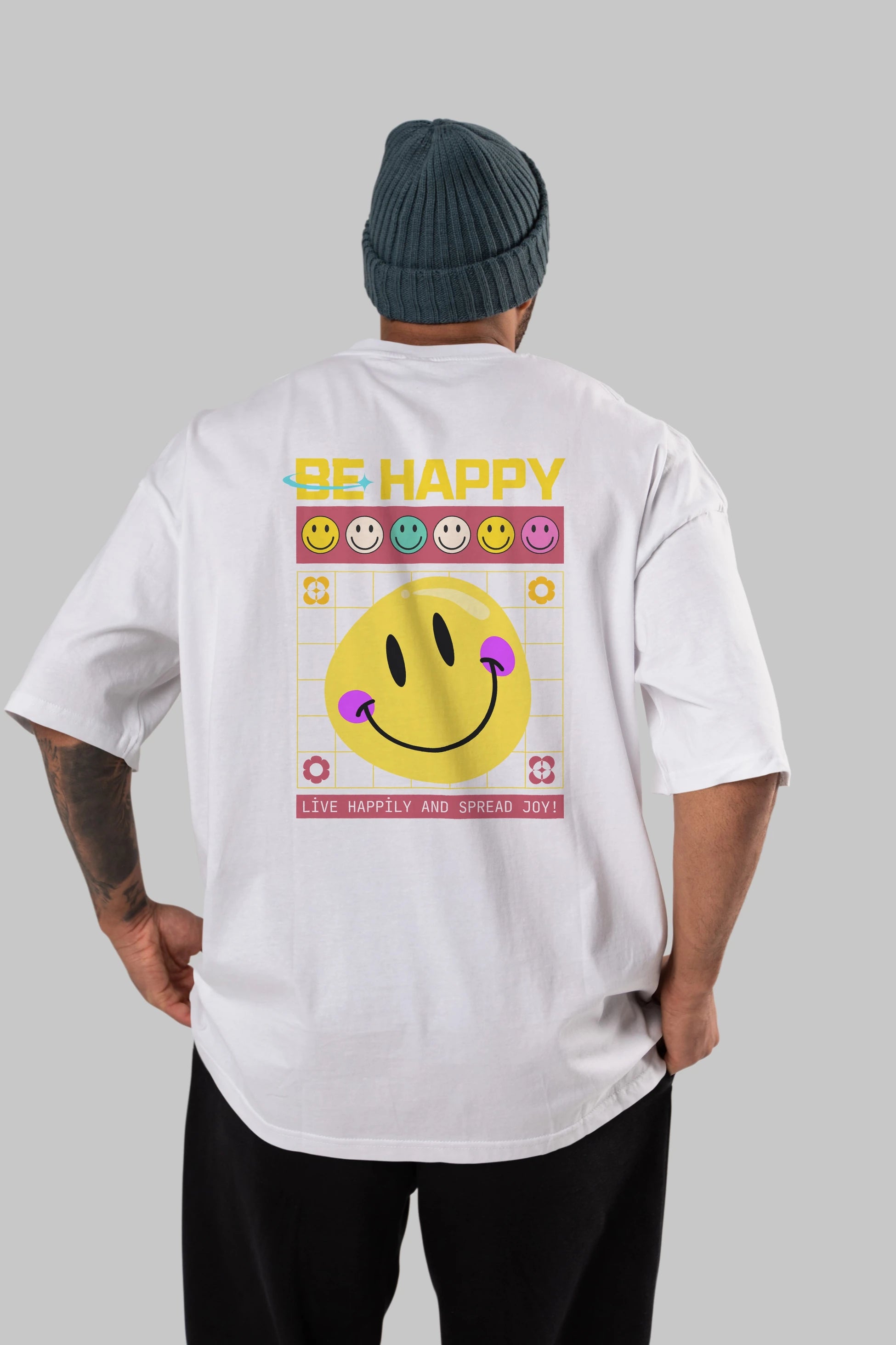 Be Happy Yazılı Arka Baskılı Oversize t-shirt Erkek Kadın Unisex