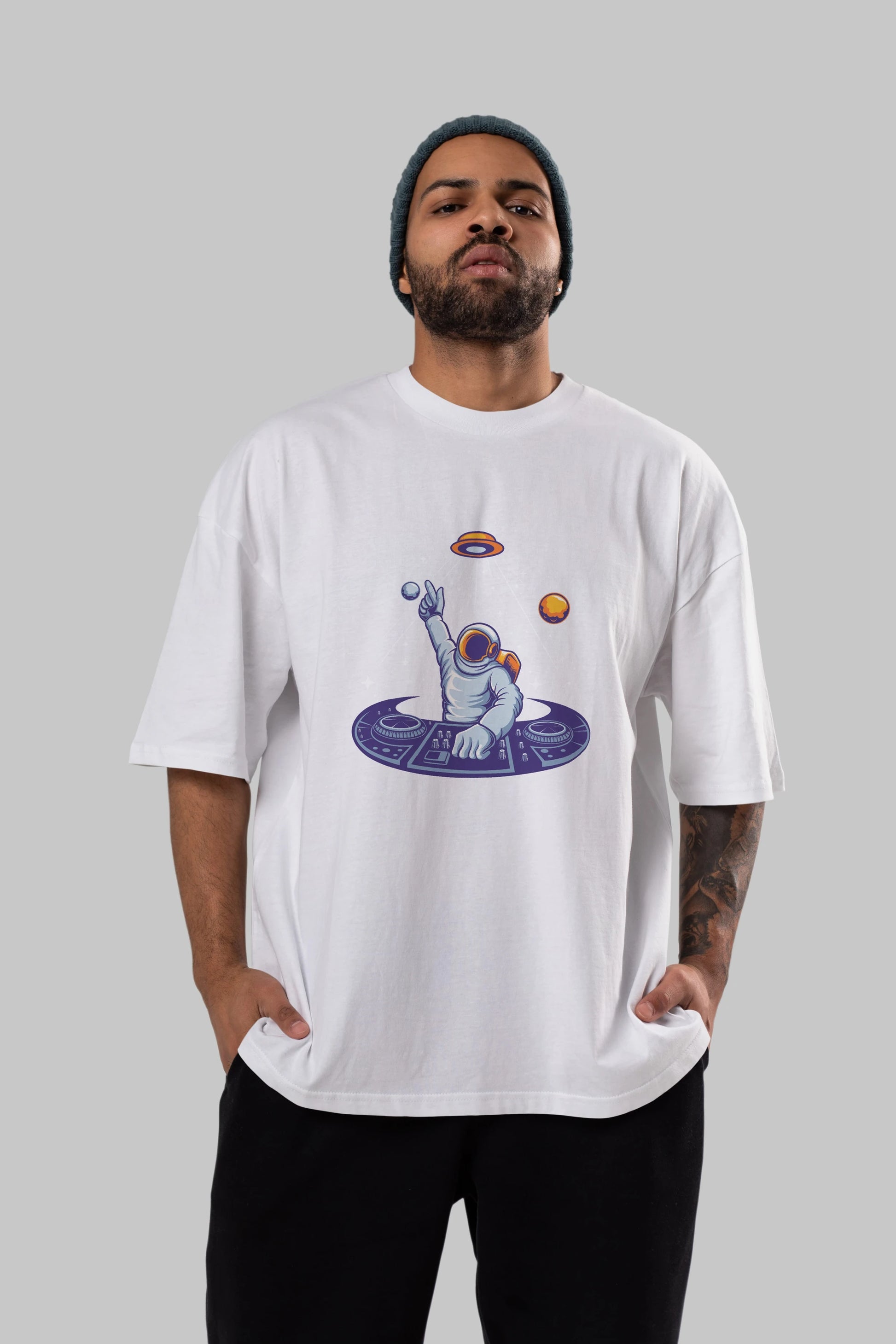 Astronaut Disk Jockey Party Ön Baskılı Oversize t-shirt Erkek Kadın Unisex