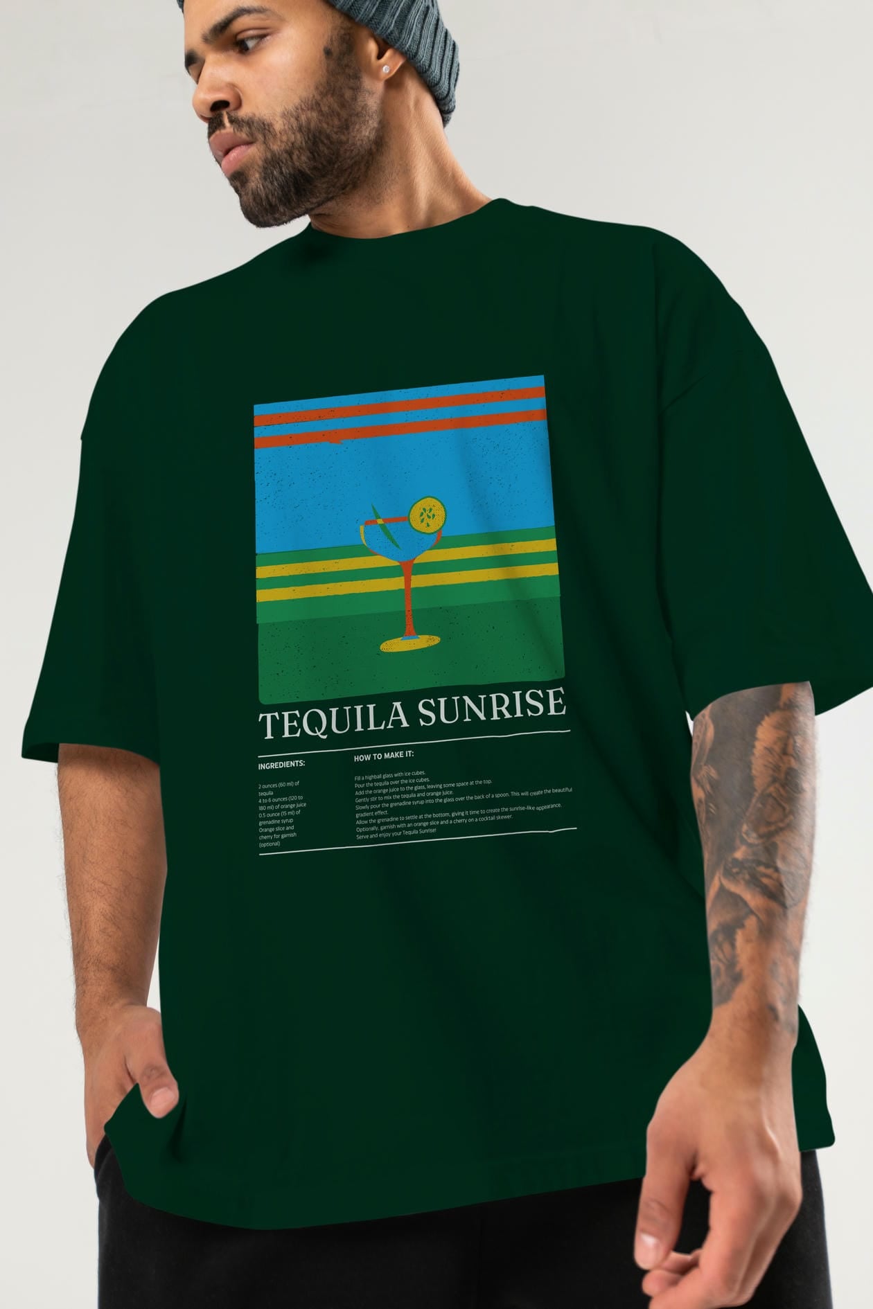 Tequila Sunrise Kokteyl Ön Baskılı Oversize t-shirt Erkek Kadın %100 Pamuk Bisiklet Yaka tişort