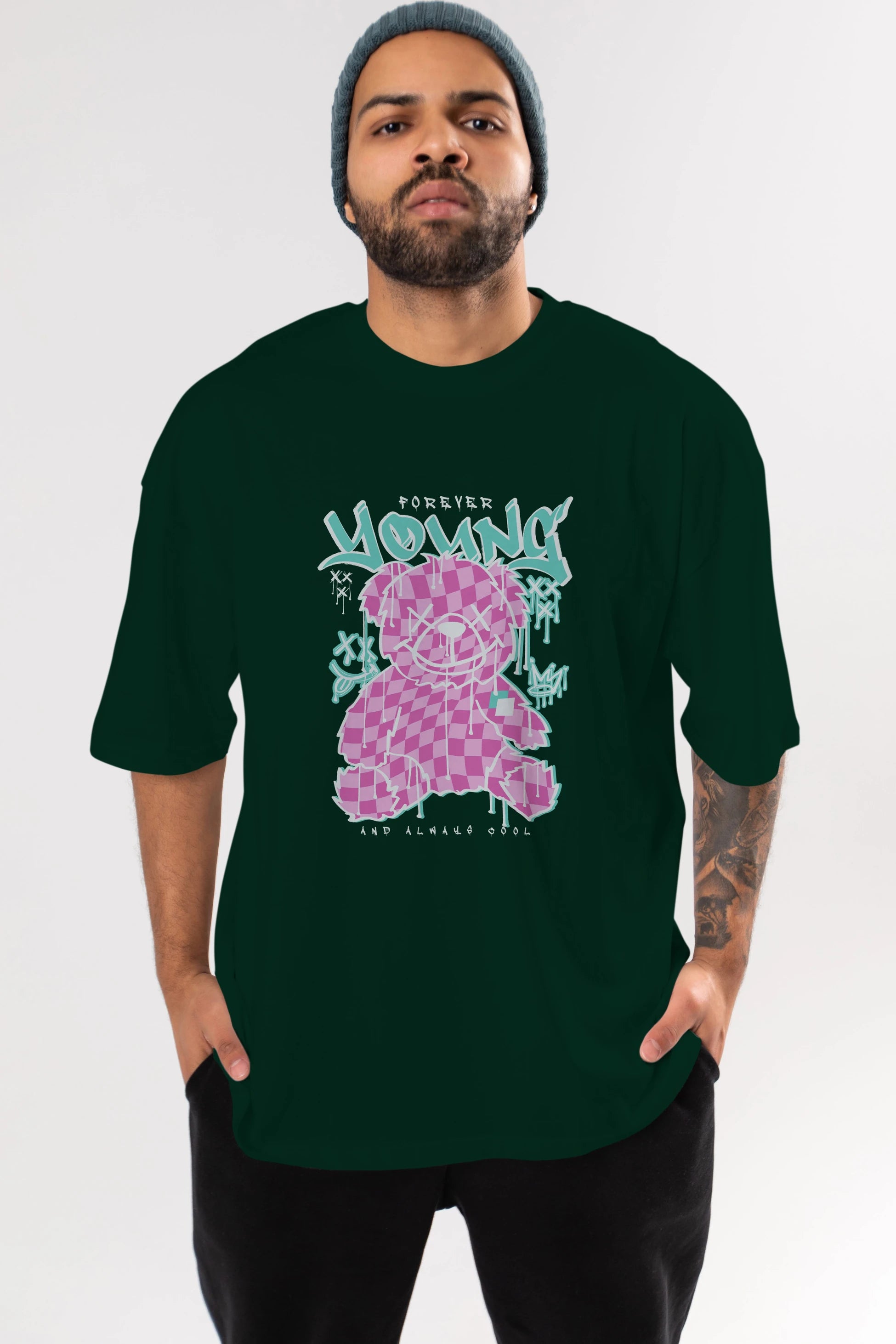 Young and Always Cool Bear Ön Baskılı Oversize t-shirt Erkek Kadın Unisex