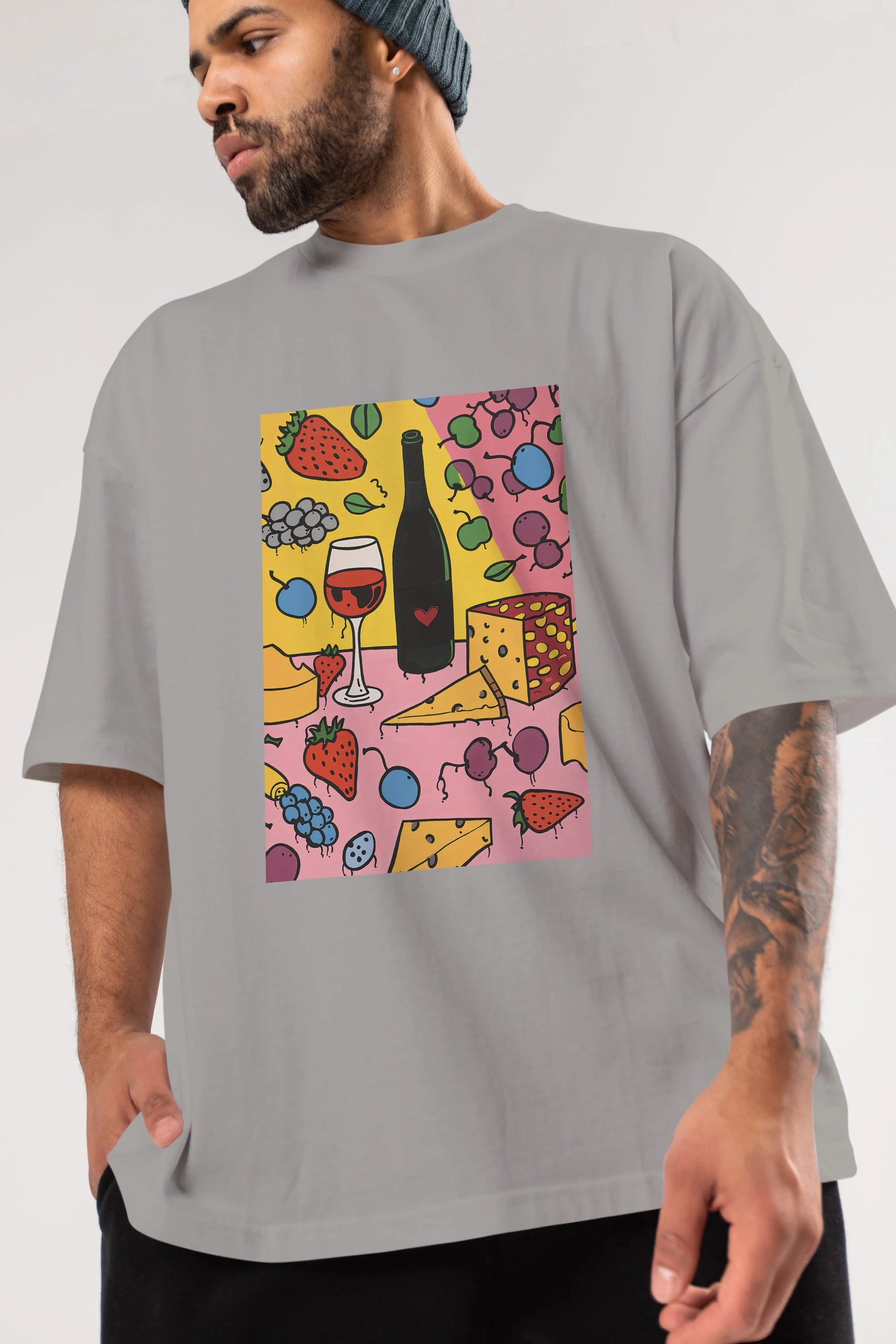 Wine Cheese Fruits Ön Baskılı Oversize t-shirt Erkek Kadın Unisex %100 Pamuk Bisiklet Yaka tişort