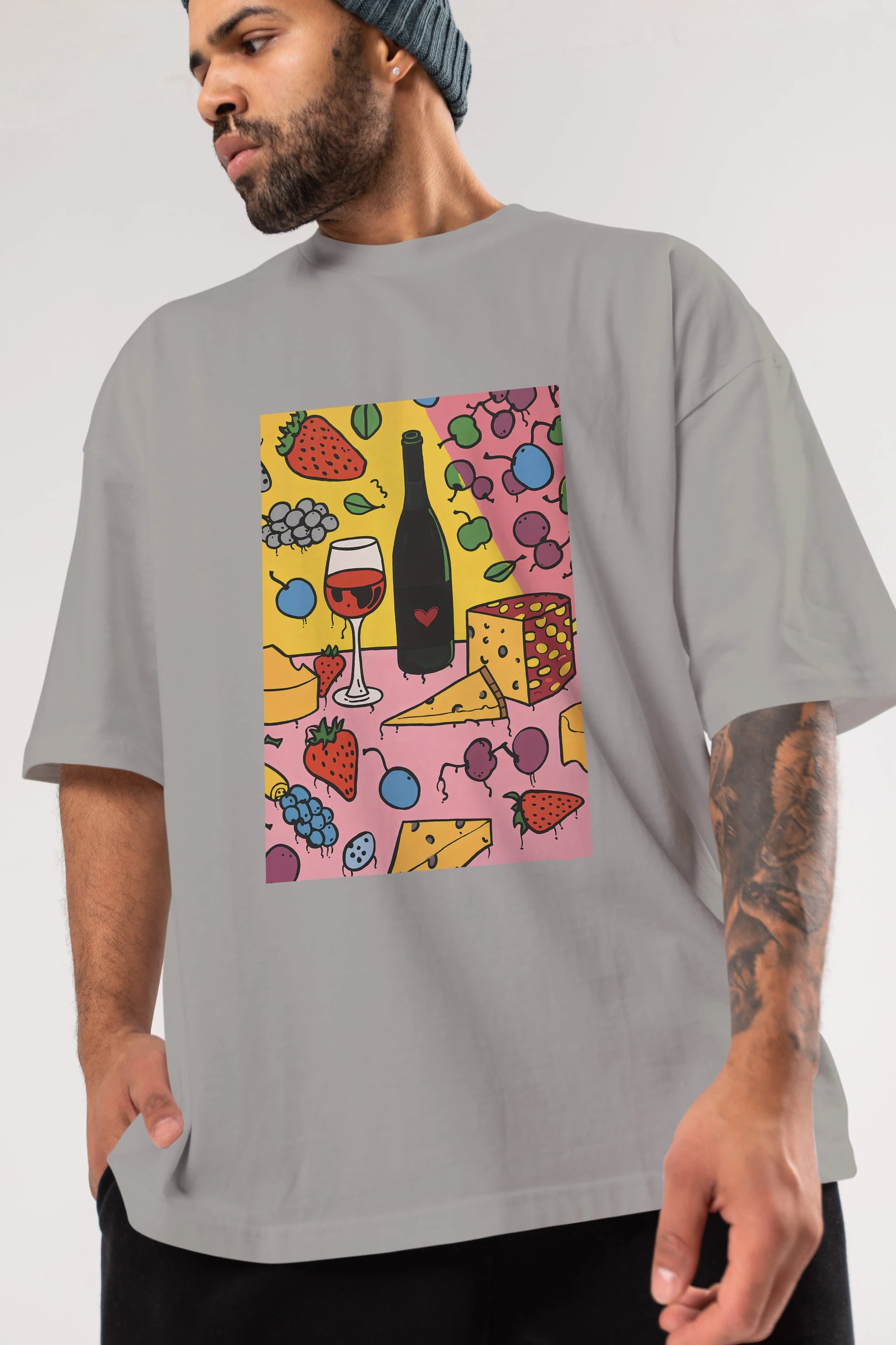 Wine Cheese Fruits Ön Baskılı Oversize t-shirt Erkek Kadın Unisex %100 Pamuk Bisiklet Yaka tişort