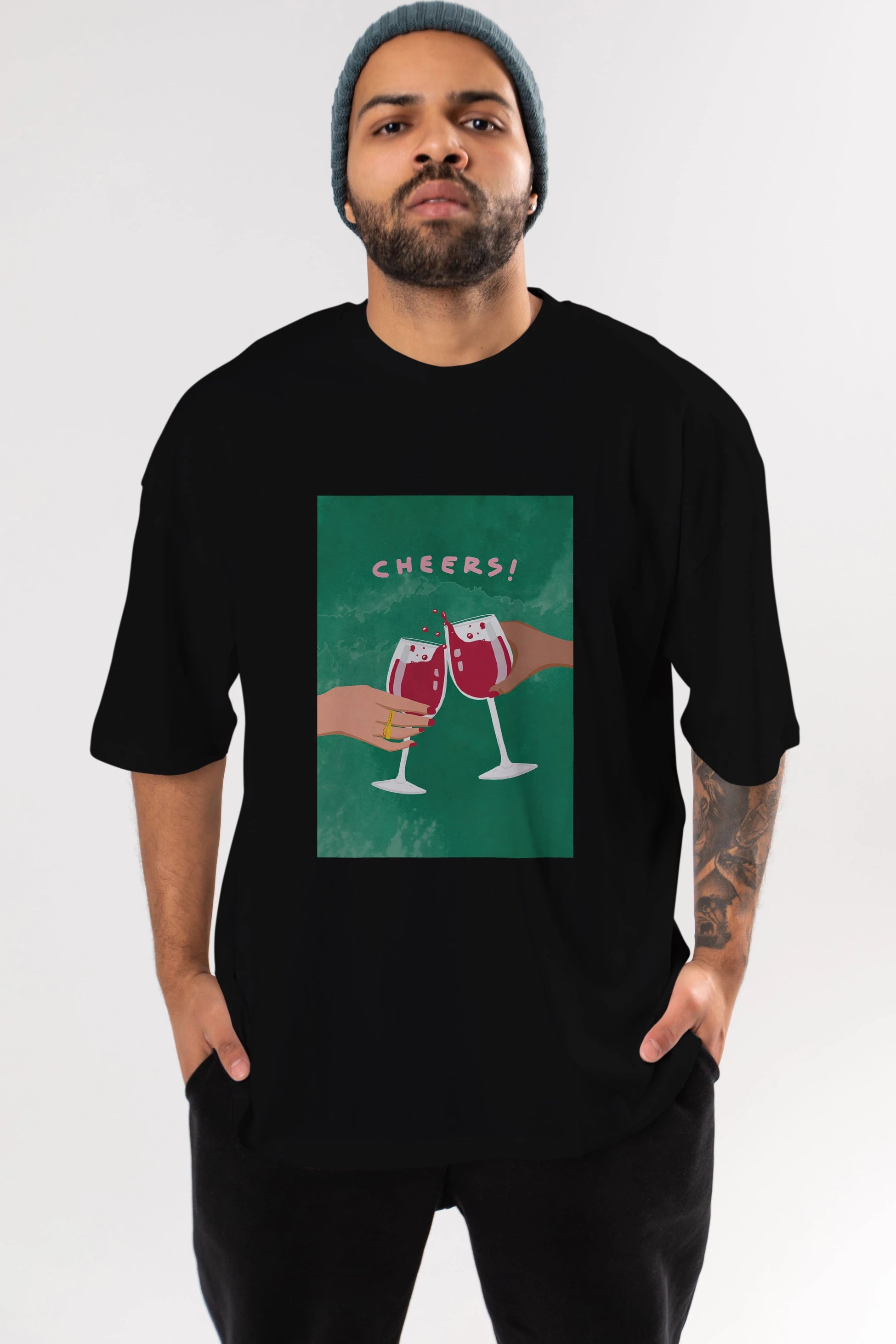 Cheers Ön Baskılı Oversize t-shirt Erkek Kadın Unisex %100 Pamuk Bisiklet Yaka tişort