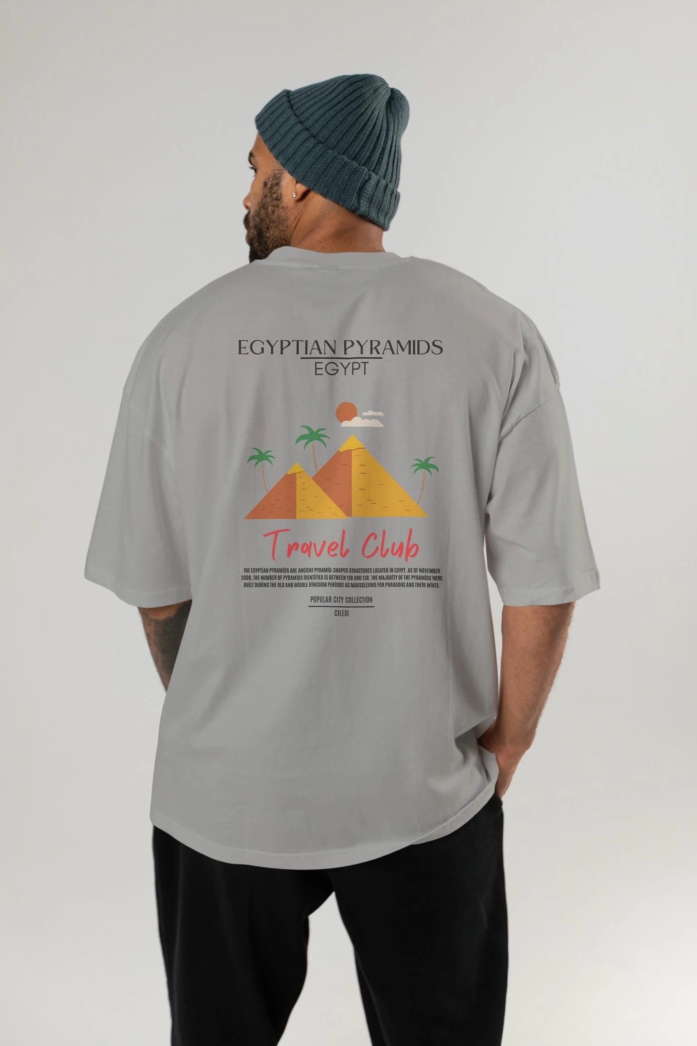 Egyptian Pyramids Egypt Arka Baskılı Oversize t-shirt Erkek Kadın Pamuk Bisiklet Yaka tişort