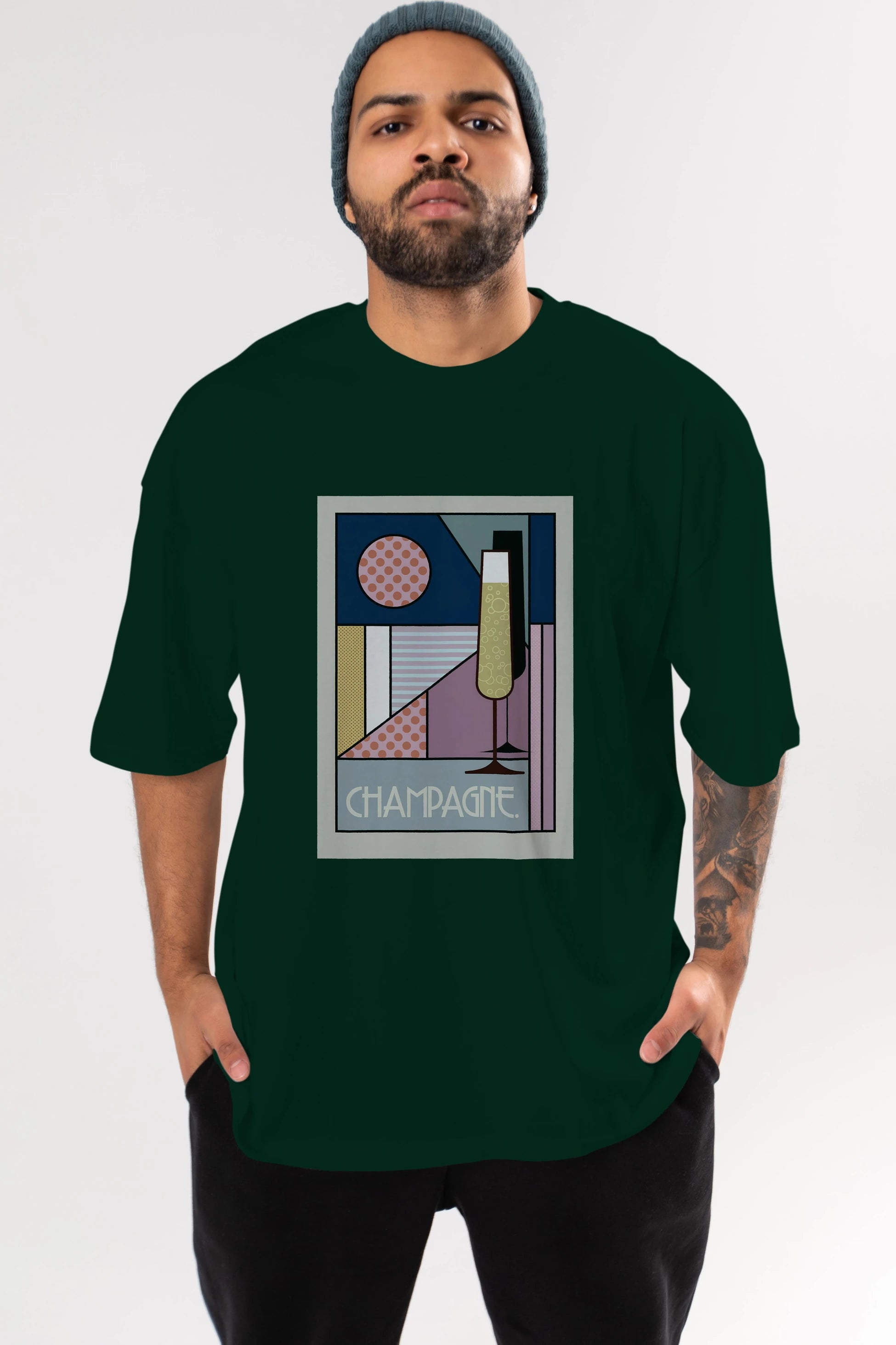 Champagne Ön Baskılı Oversize t-shirt Erkek Kadın Unisex %100 Pamuk Bisiklet Yaka tişort