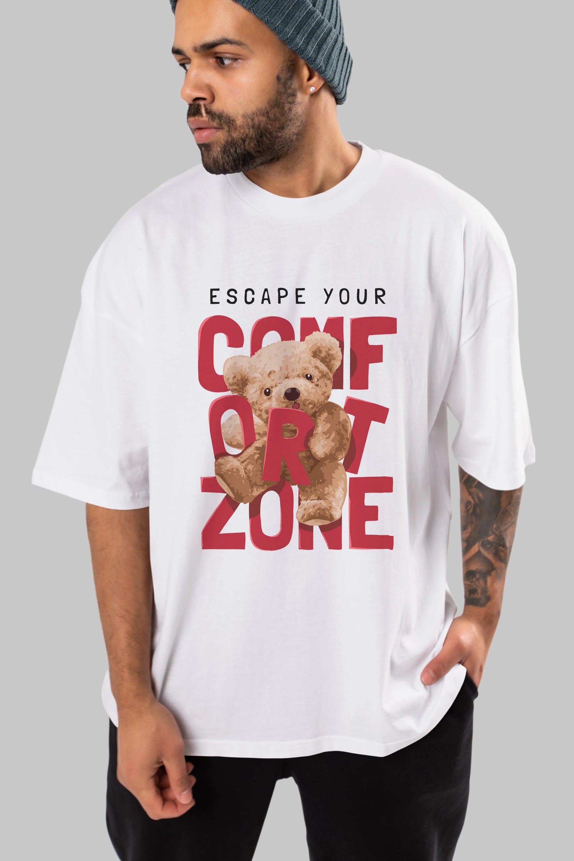 Teddy Bear Escape Comfort Zone Ön Baskılı Oversize t-shirt Erkek Kadın Unisex %100 Pamuk