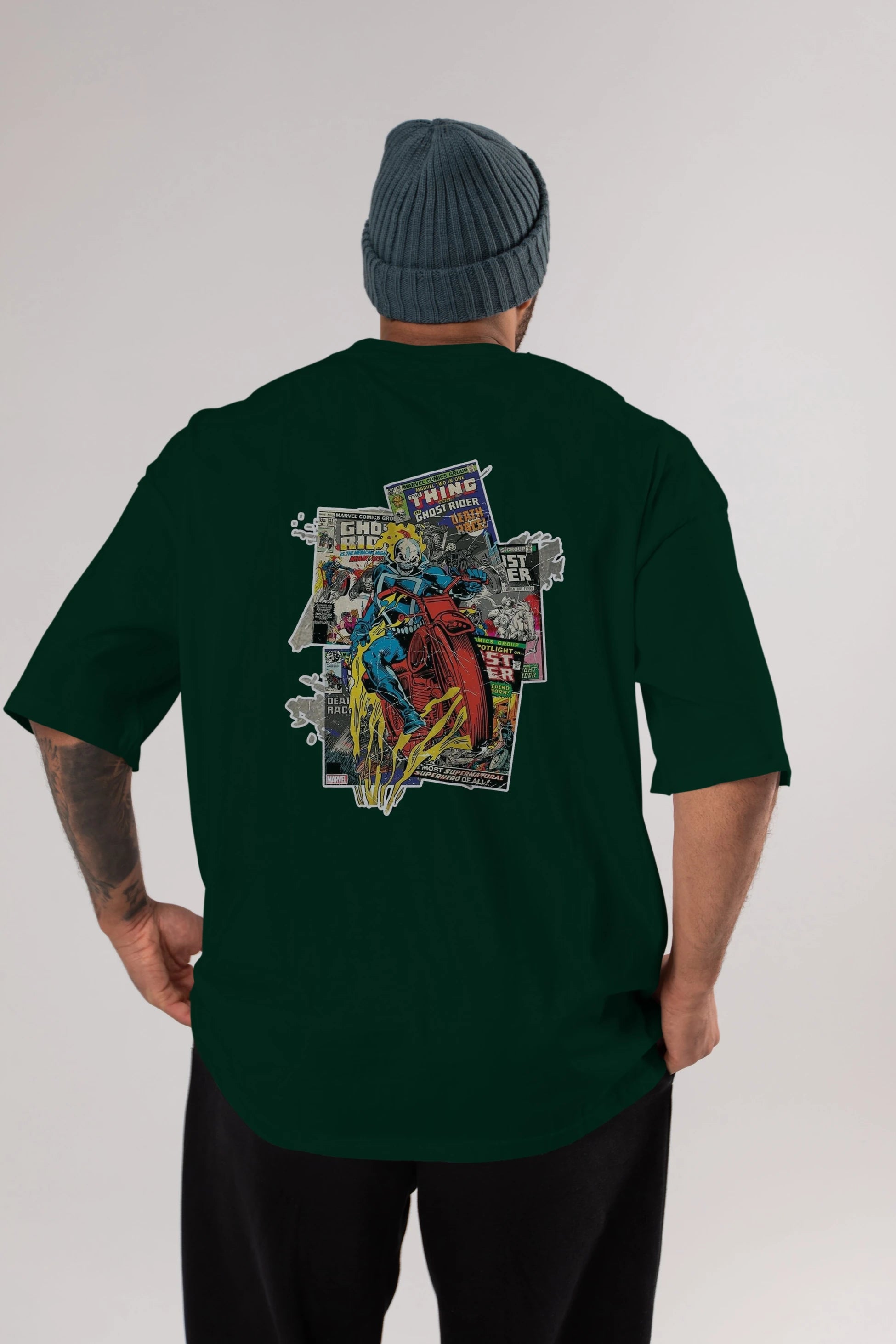 Ghost Rider Arka Baskılı Oversize t-shirt Erkek Kadın Unisex %100 Pamuk Bisiklet Yaka tişort
