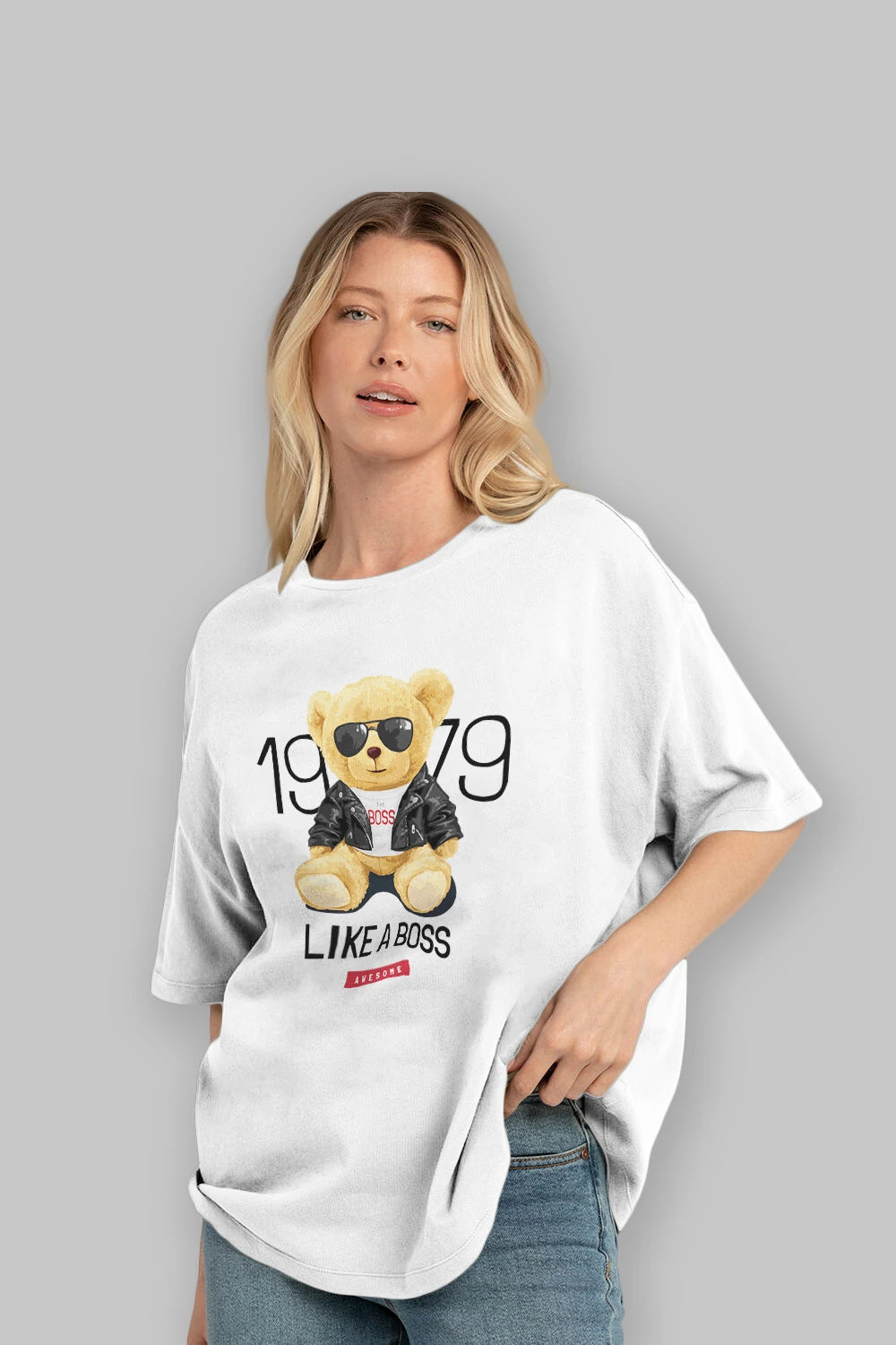 Teddy Bear Like A Boss Ön Baskılı Oversize t-shirt Erkek Kadın Unisex %100 Pamuk