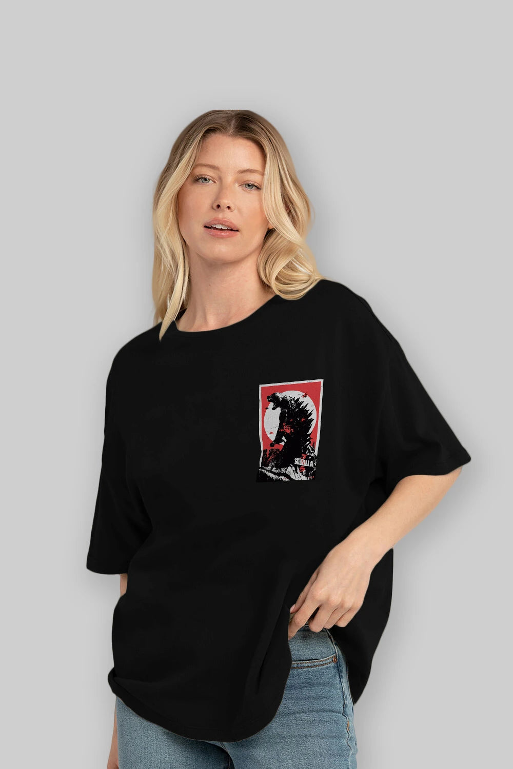 Godzilla (2) Ön Sol Baskılı Oversize t-shirt Erkek Kadın Unisex %100 Pamuk Bisiklet Yaka tişort