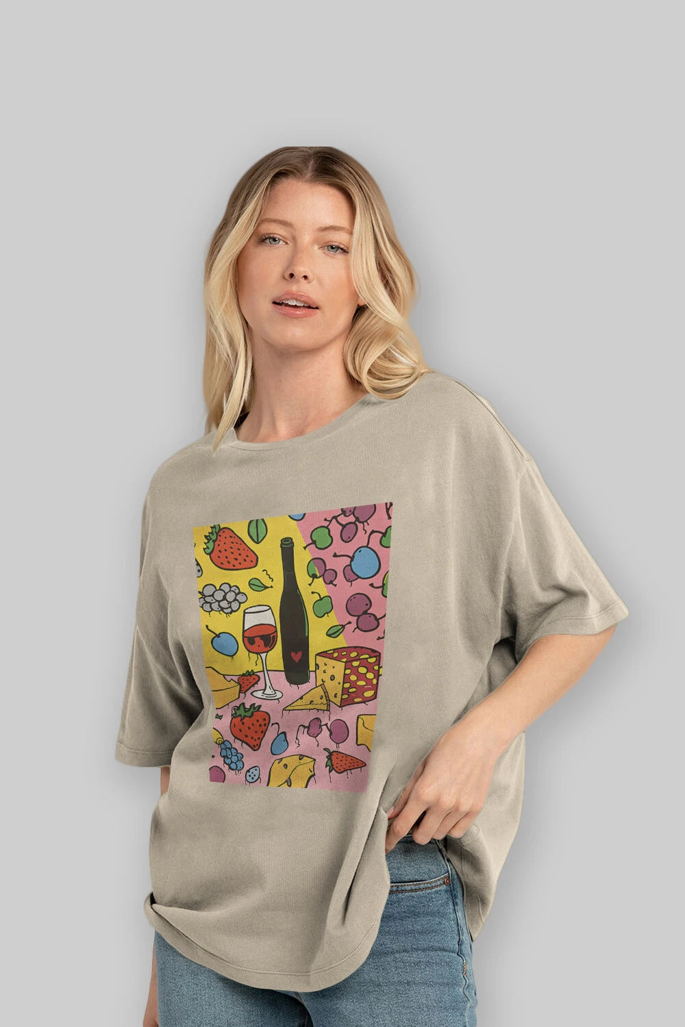 Wine Cheese Fruits Ön Baskılı Oversize t-shirt Erkek Kadın Unisex %100 Pamuk Bisiklet Yaka tişort