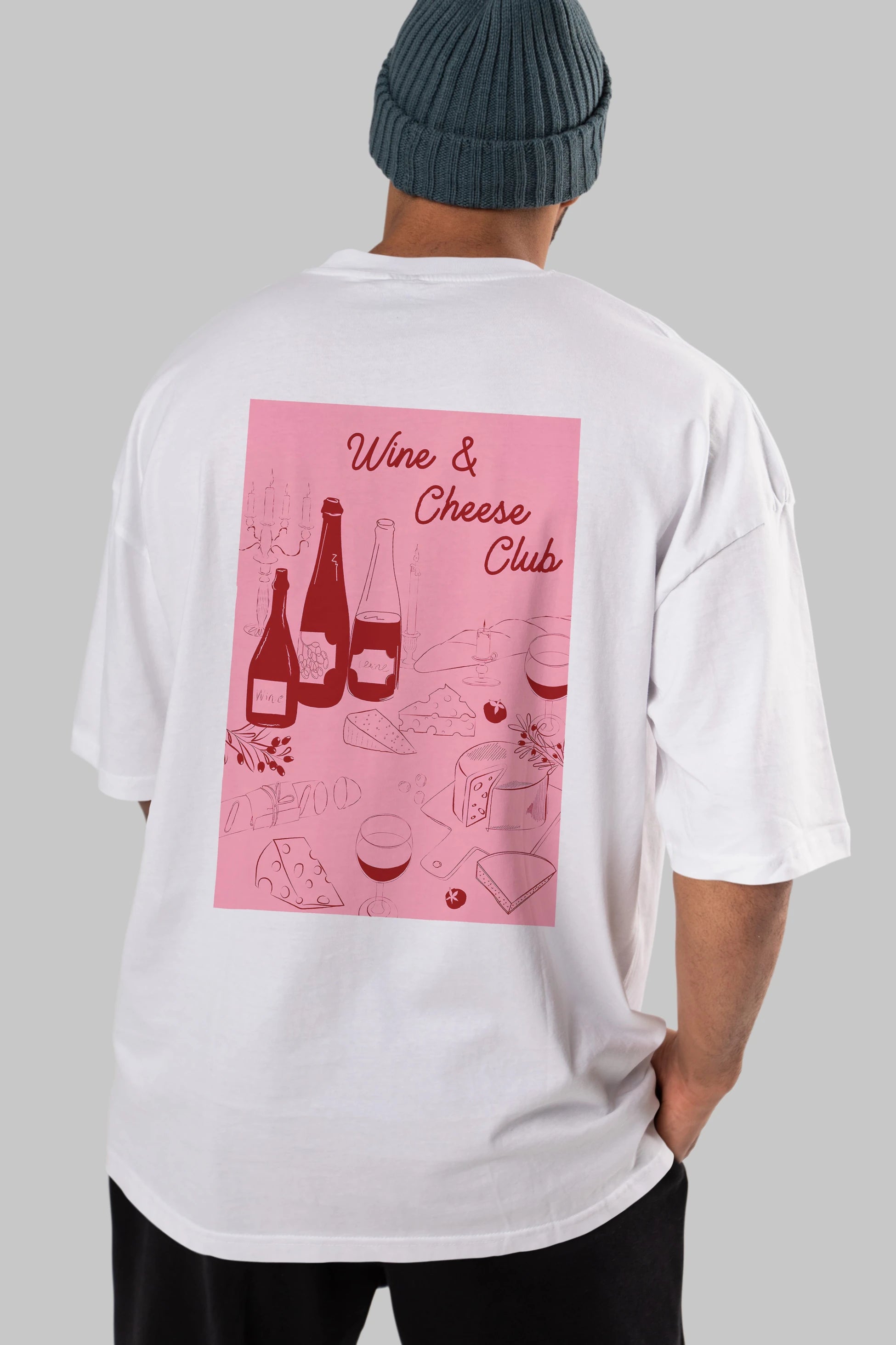 Wine Cheese Club Arka Baskılı Oversize t-shirt Erkek Kadın Unisex %100 Pamuk Bisiklet Yaka tişort