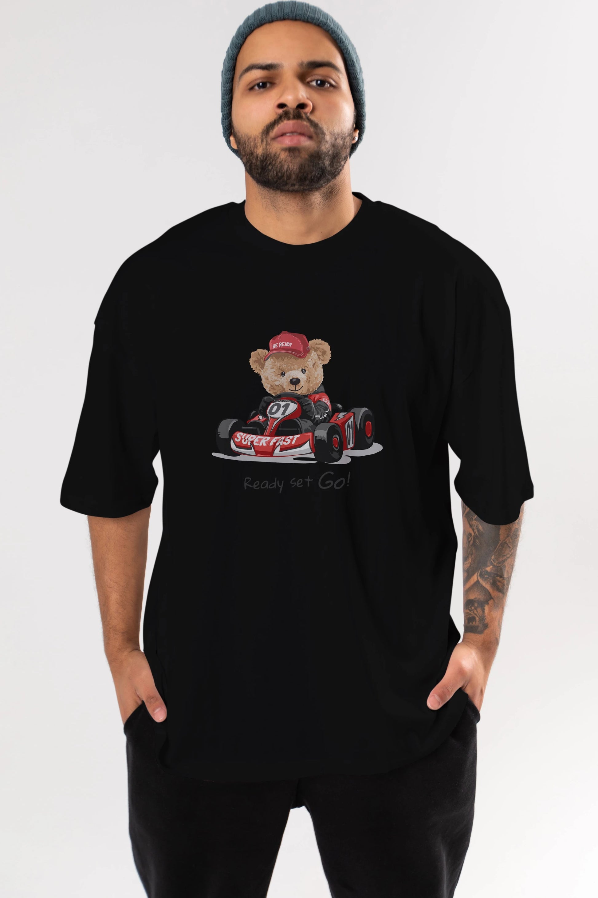 Teddy Bear Ready Set Go Ön Baskılı Oversize t-shirt Erkek Kadın Unisex %100 Pamuk