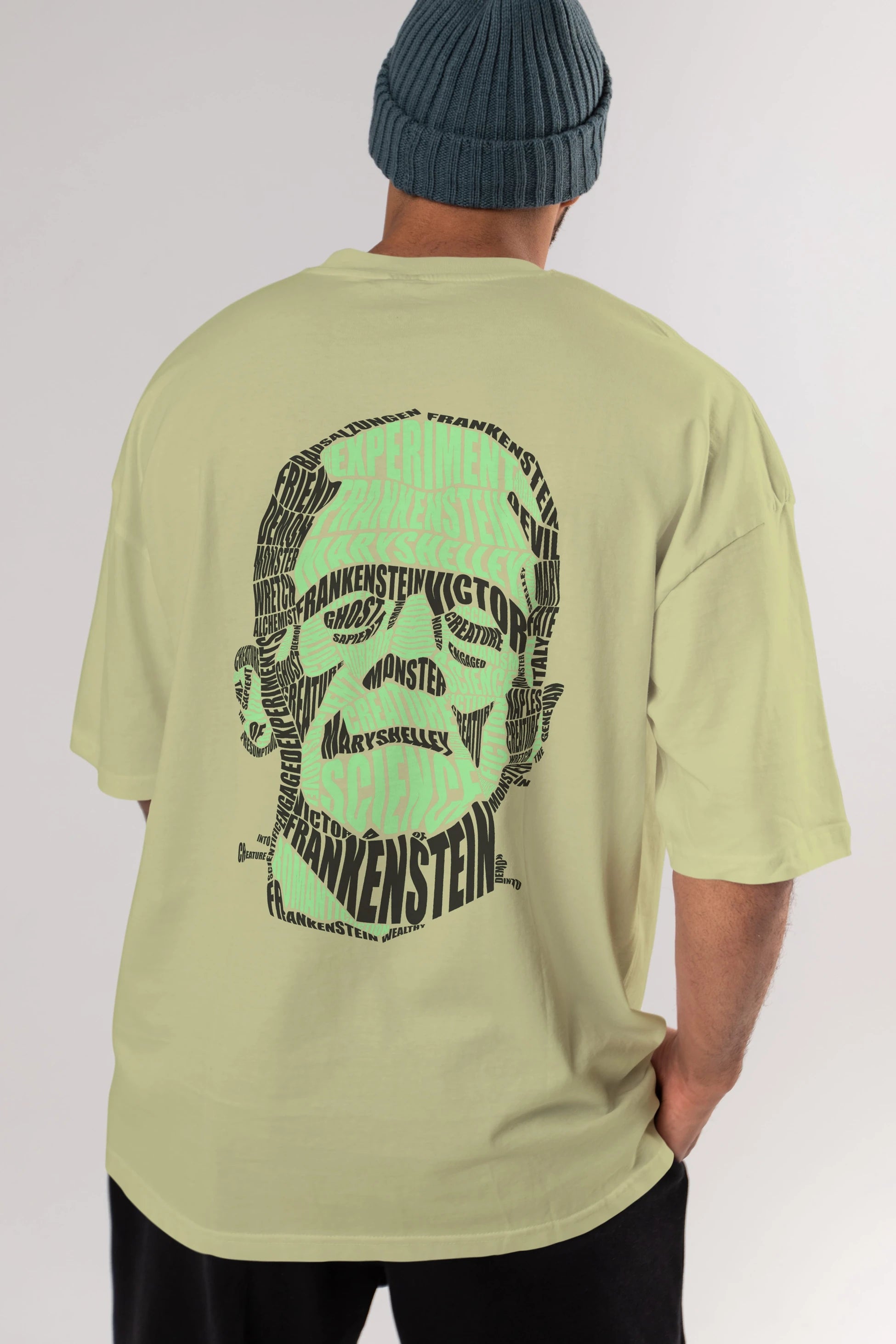 Frankenstein Calligram Arka Baskılı Oversize t-shirt %100 pamuk Erkek Kadın Unisex
