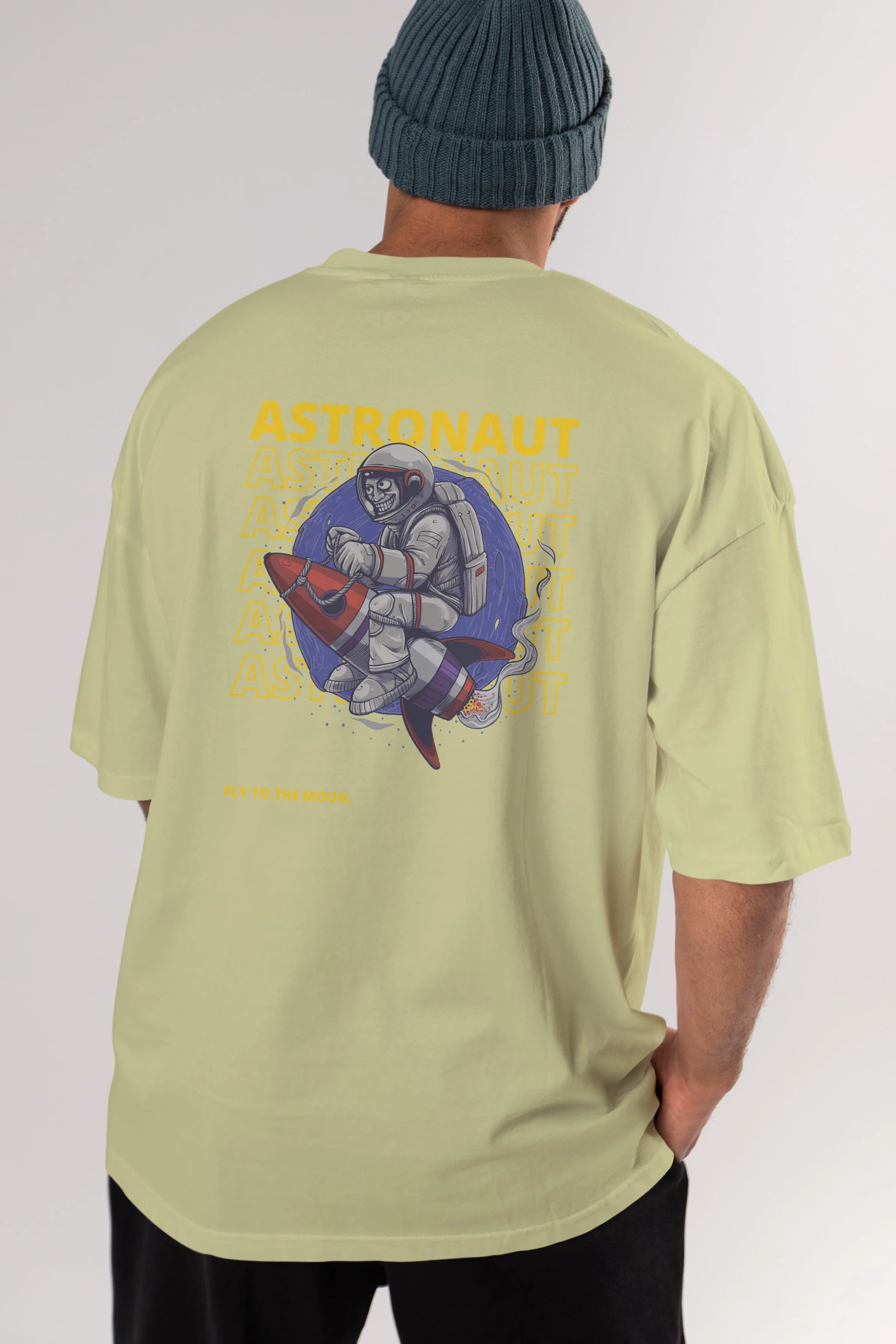 Astronaut Fly to the Moon Yazılı Arka Baskılı Oversize t-shirt Erkek Kadın Unisex