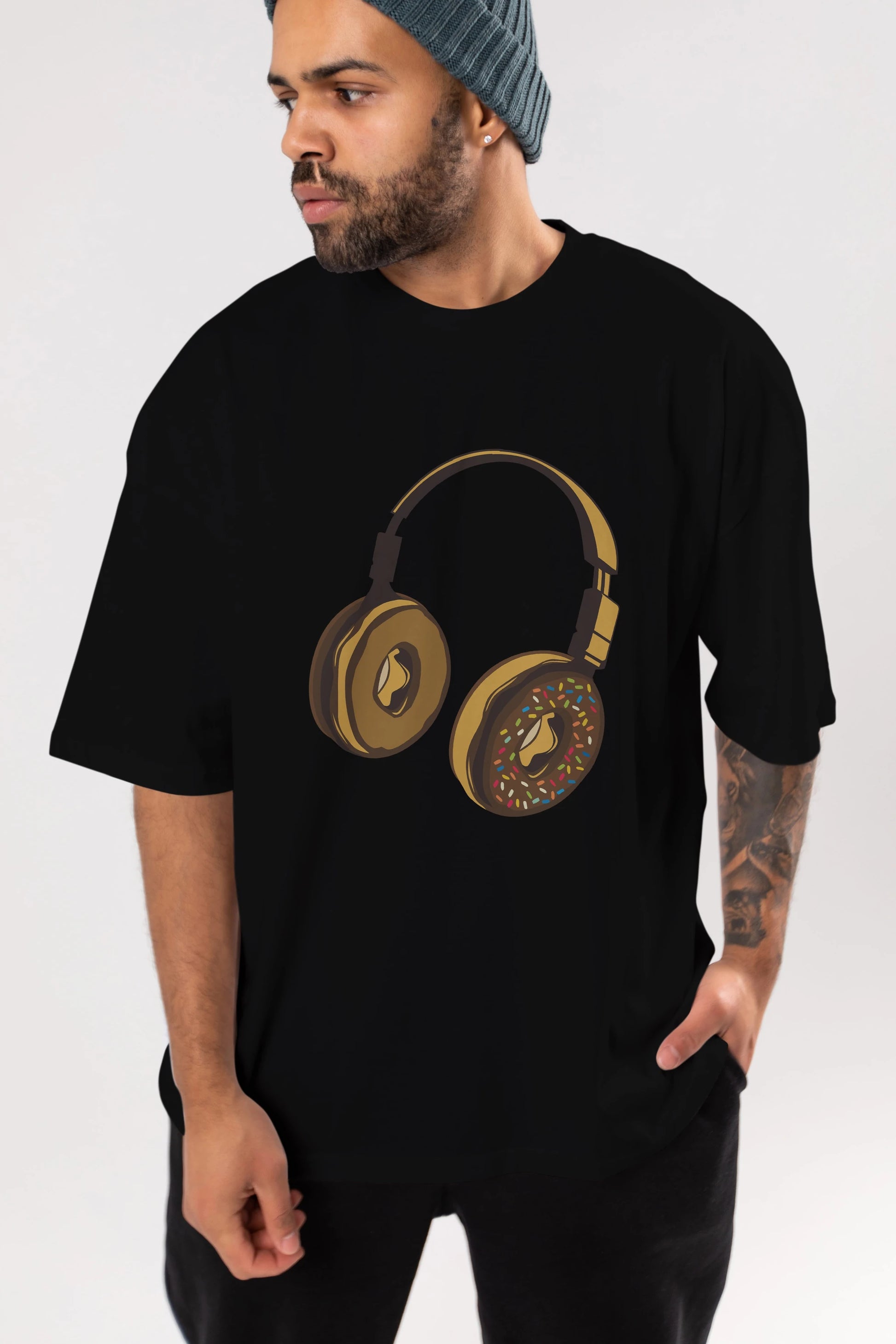 Headphone Donut Ön Baskılı Oversize t-shirt %100 pamuk Erkek Kadın Unisex