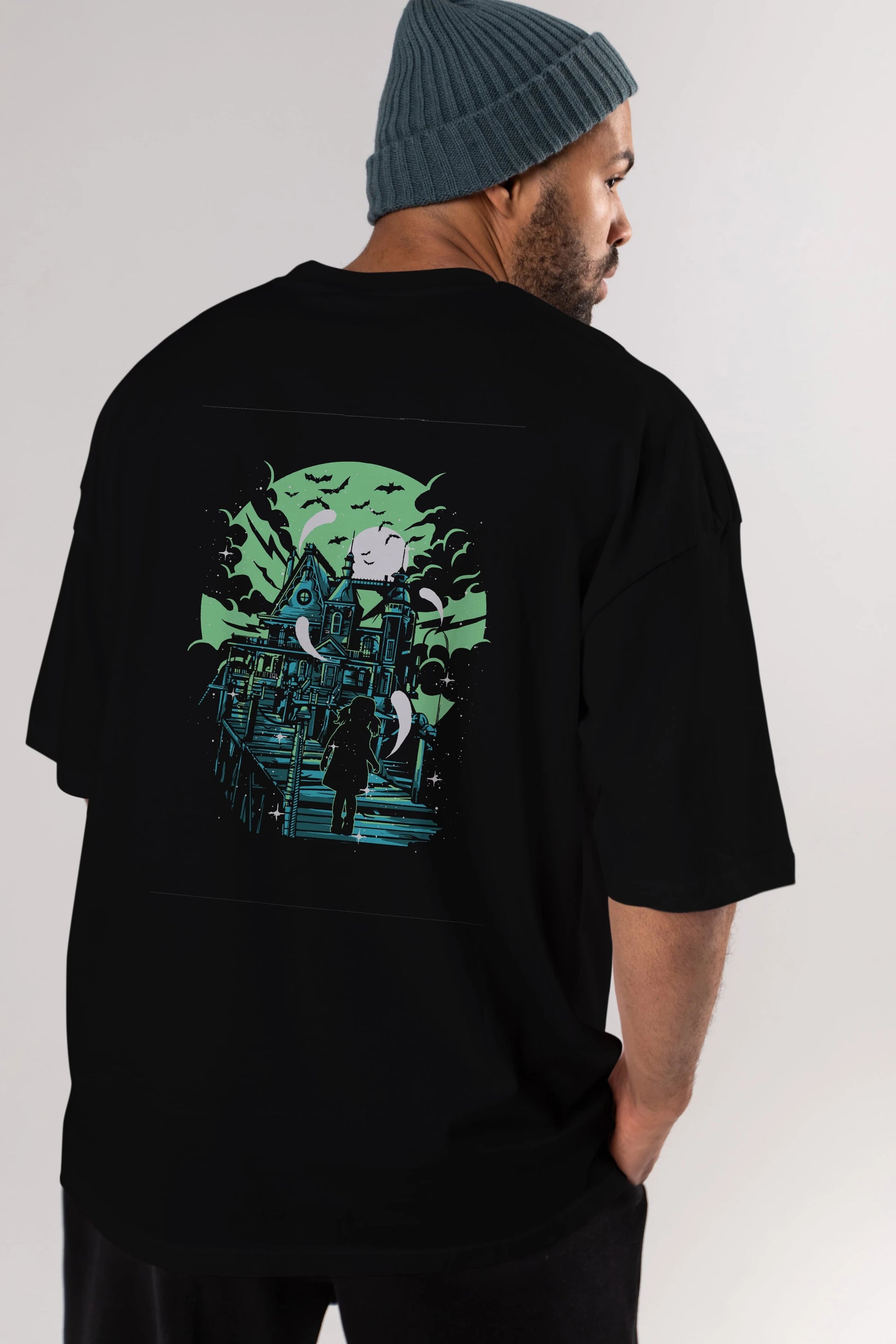 Haunted House Arka Baskılı Oversize t-shirt Erkek Kadın Unisex %100 Pamuk
