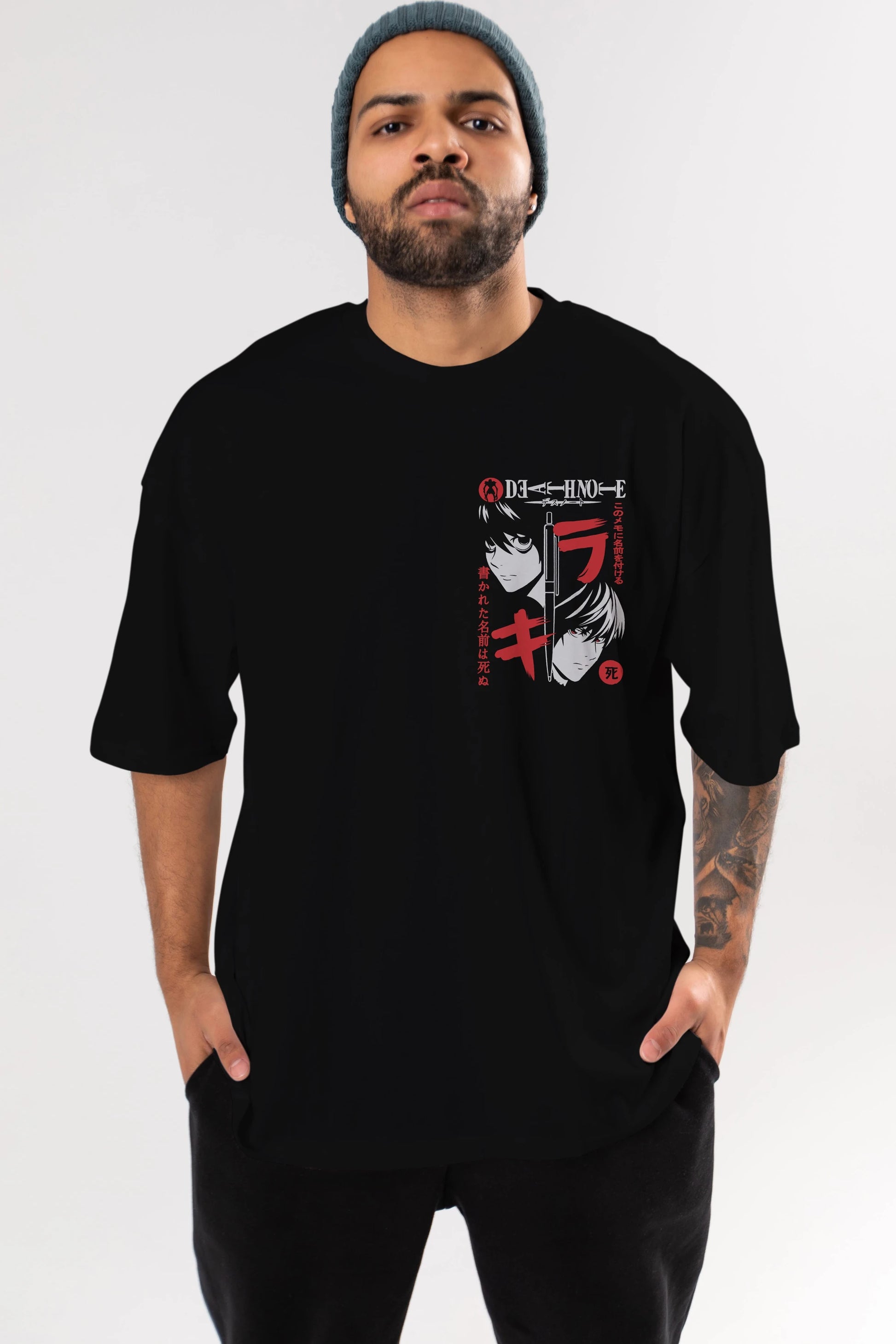 DEATHNOTE L vs KIRA Ön Sol Baskılı Oversize t-shirt Erkek Kadın Unisex %100 Pamuk Bisiklet Yaka tişort