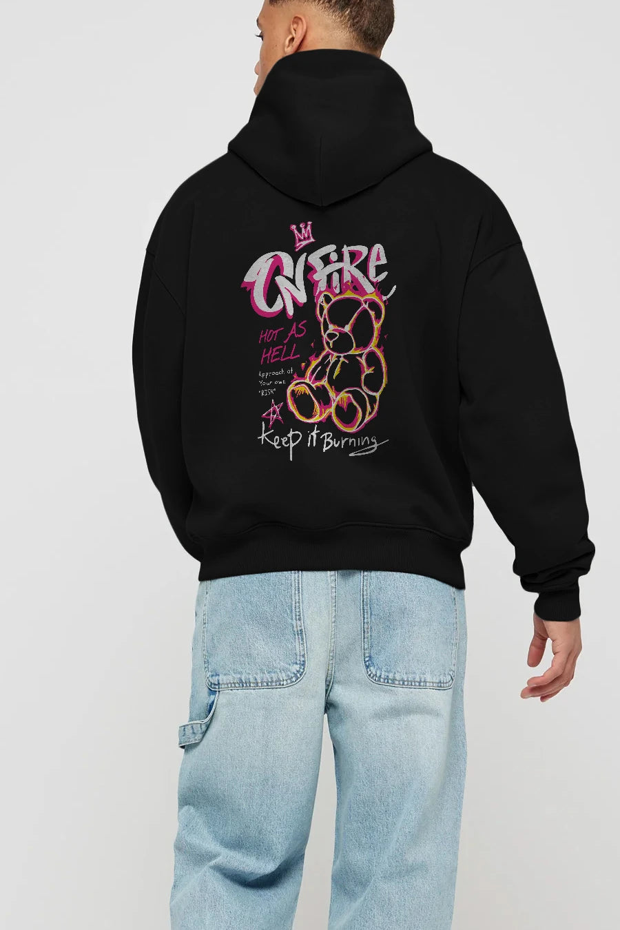 On Fire Bear Arka Baskılı Hoodie Oversize Kapüşonlu Sweatshirt Erkek Kadın Unisex