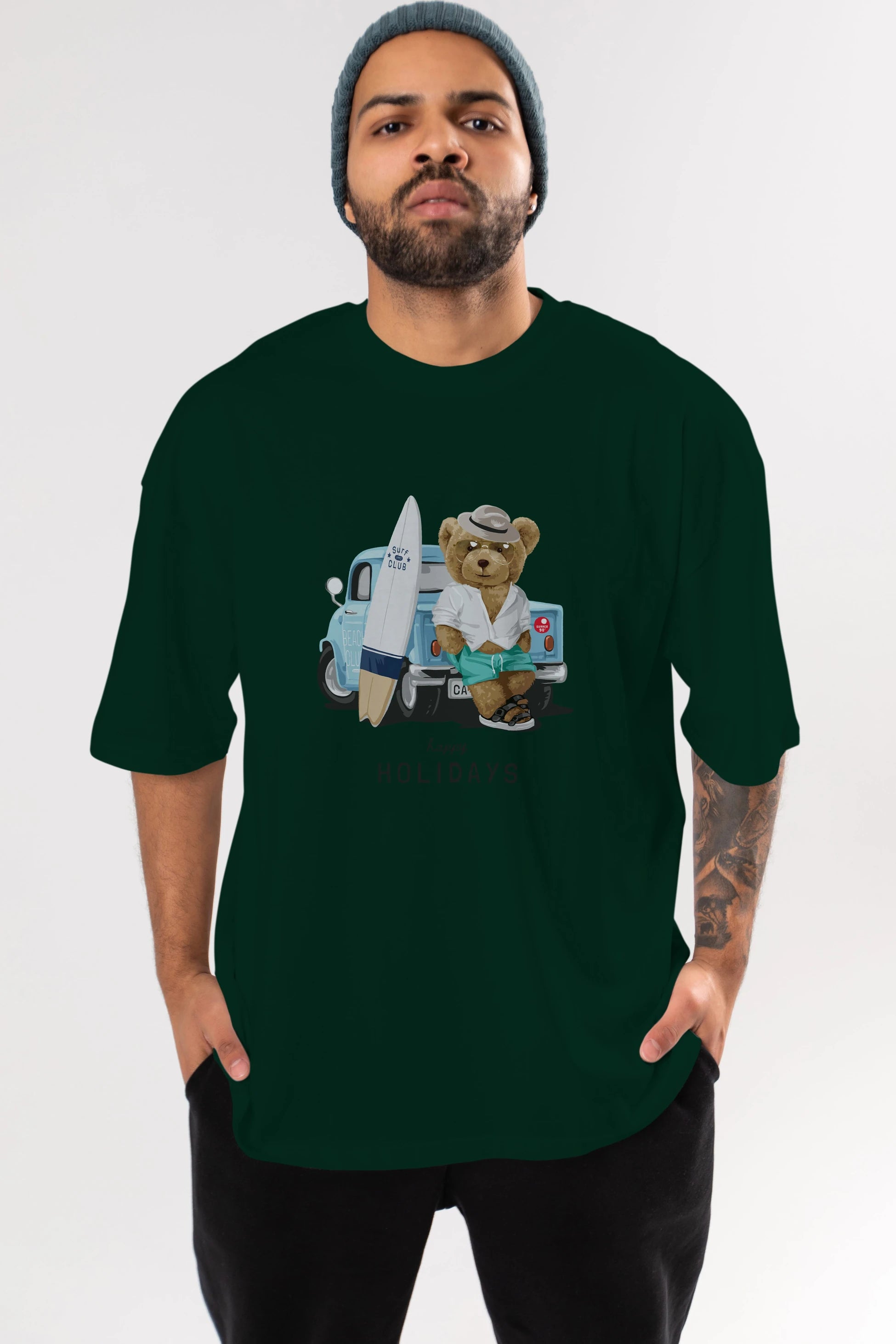 Teddy Bear Surf Club Ön Baskılı Oversize t-shirt Erkek Kadın Unisex %100 Pamuk