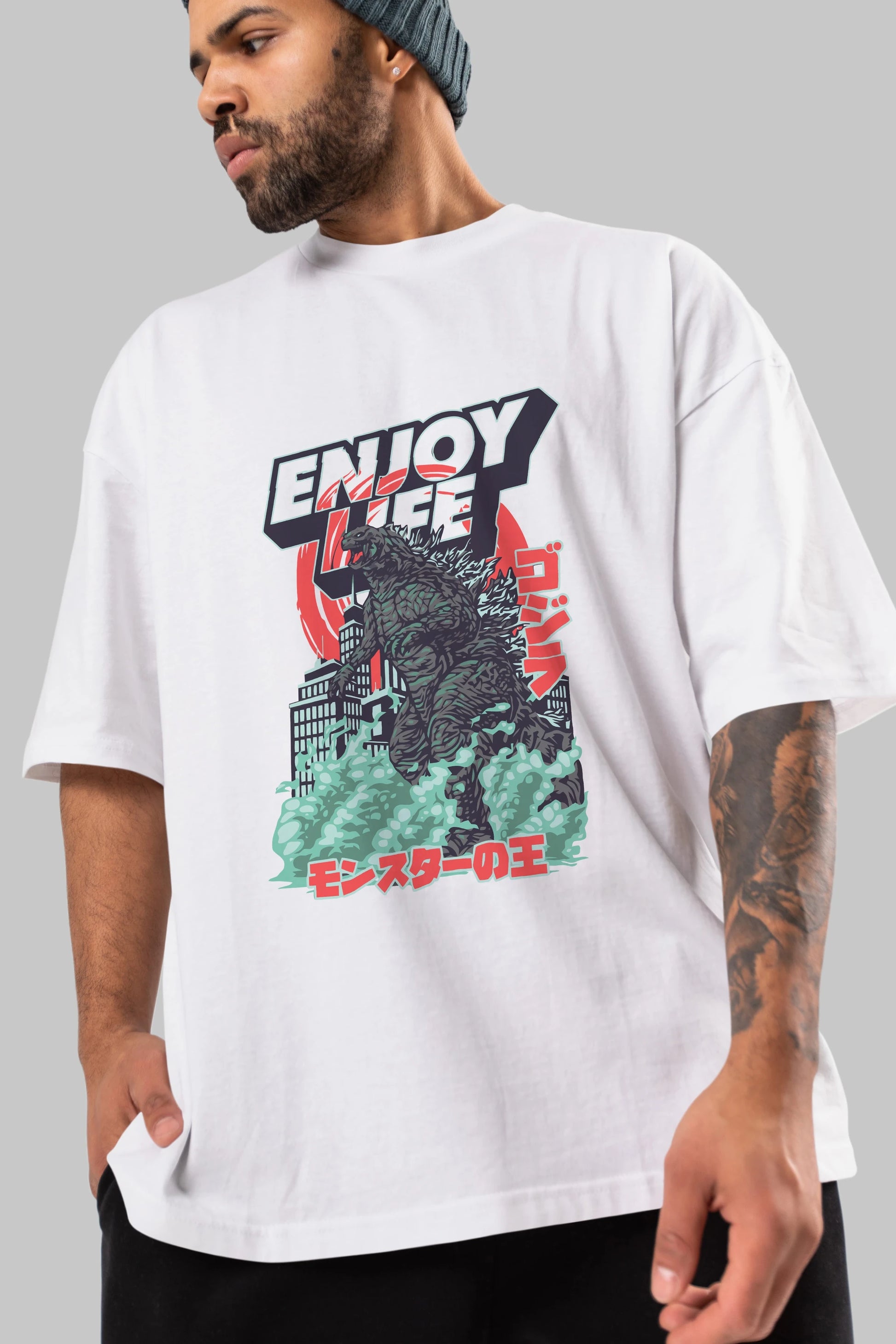 Godzilla Ön Baskılı Oversize t-shirt Erkek Kadın Unisex %100 Pamuk Bisiklet Yaka tişort