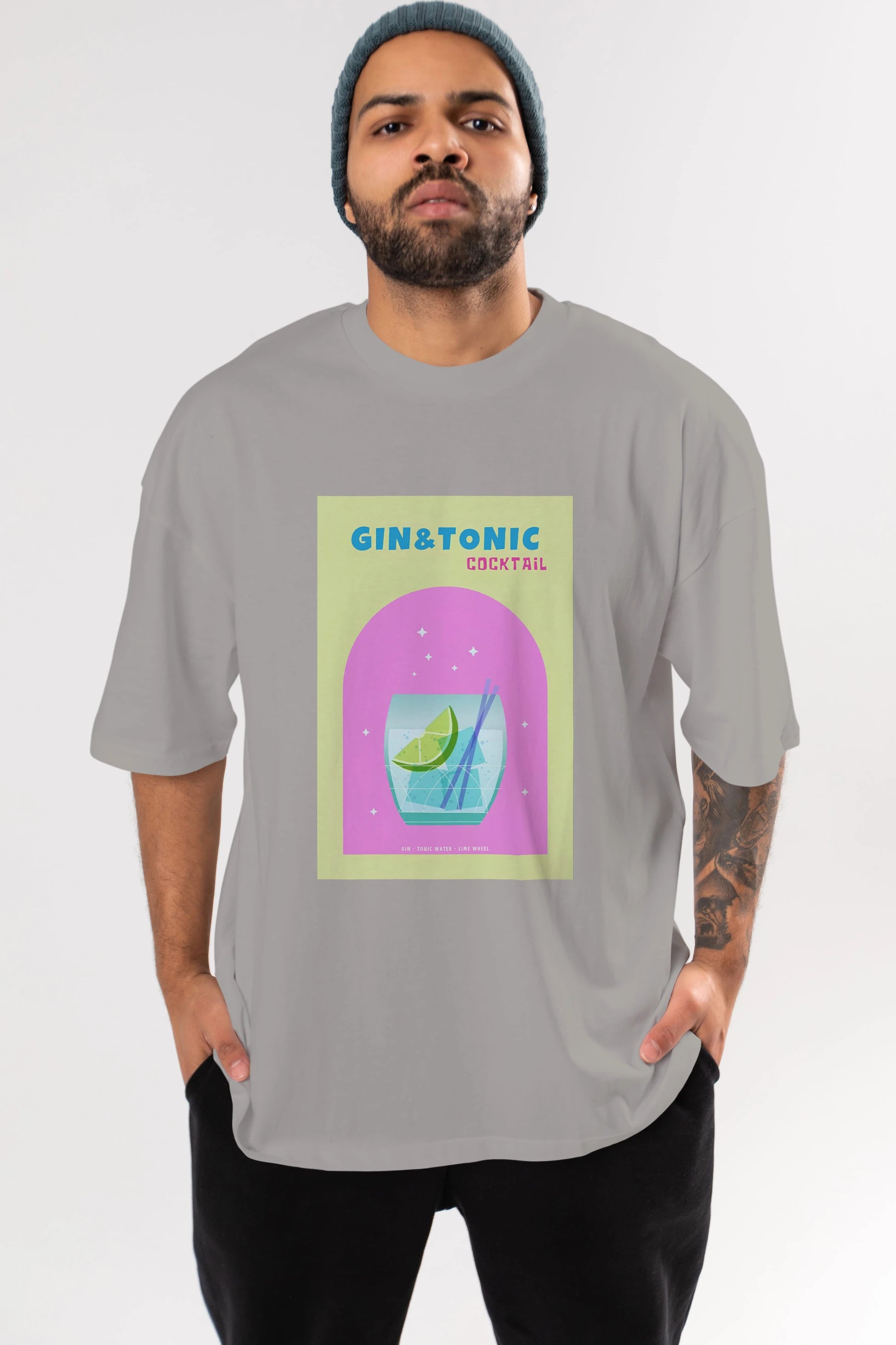Gin Tonic Cocktail Ön Baskılı Oversize t-shirt Erkek Kadın Unisex %100 Pamuk Bisiklet Yaka tişort