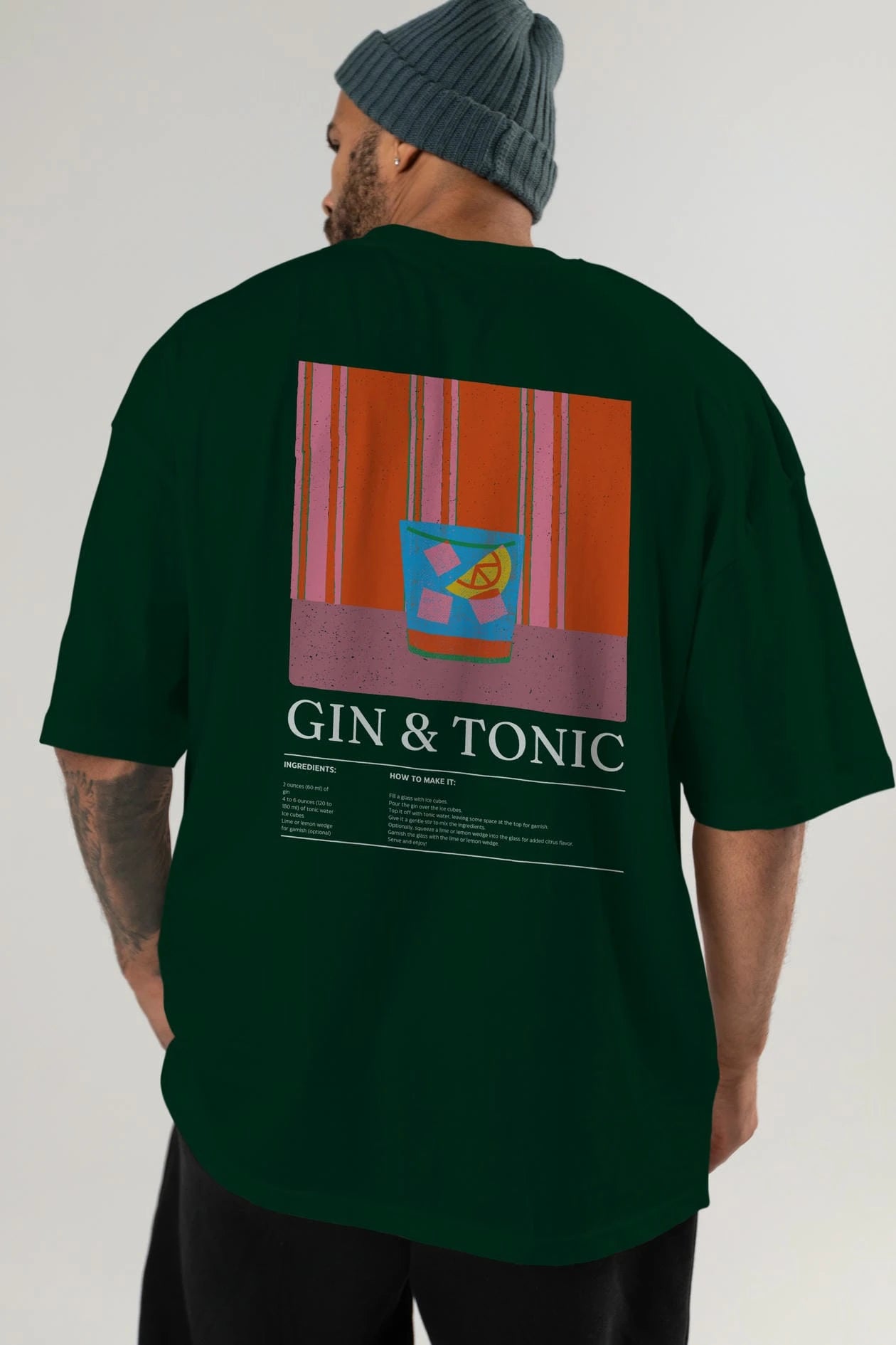 Gin Tonic Kokteyl Serisi Arka Baskılı Oversize t-shirt Erkek Kadın %100 Pamuk Bisiklet Yaka tişort