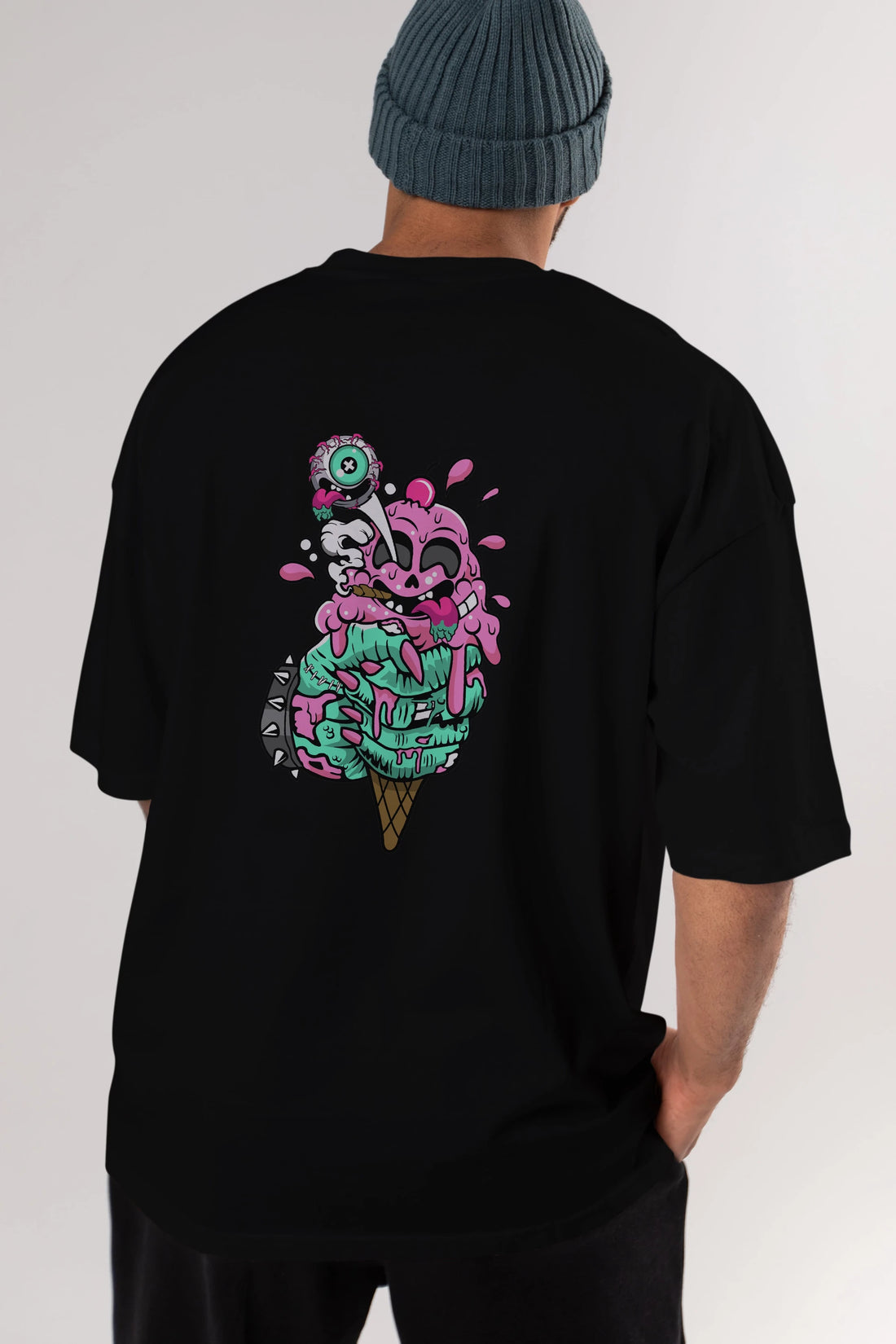 Ice Cream Zombie Arka Baskılı Oversize t-shirt Erkek Kadın Unisex %100 Pamuk tişort