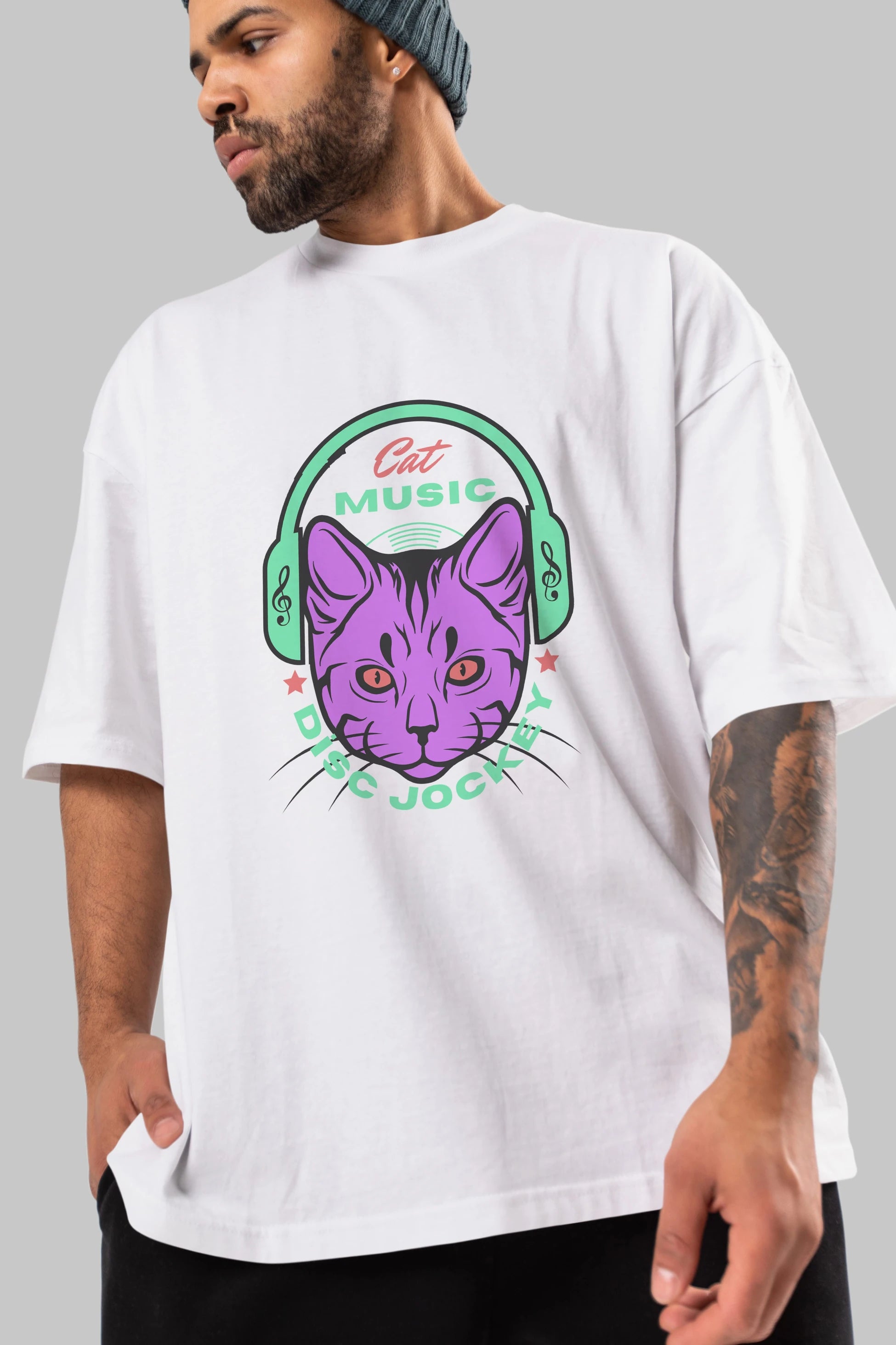 Cat Music Ön Baskılı Oversize t-shirt Erkek Kadın Unisex
