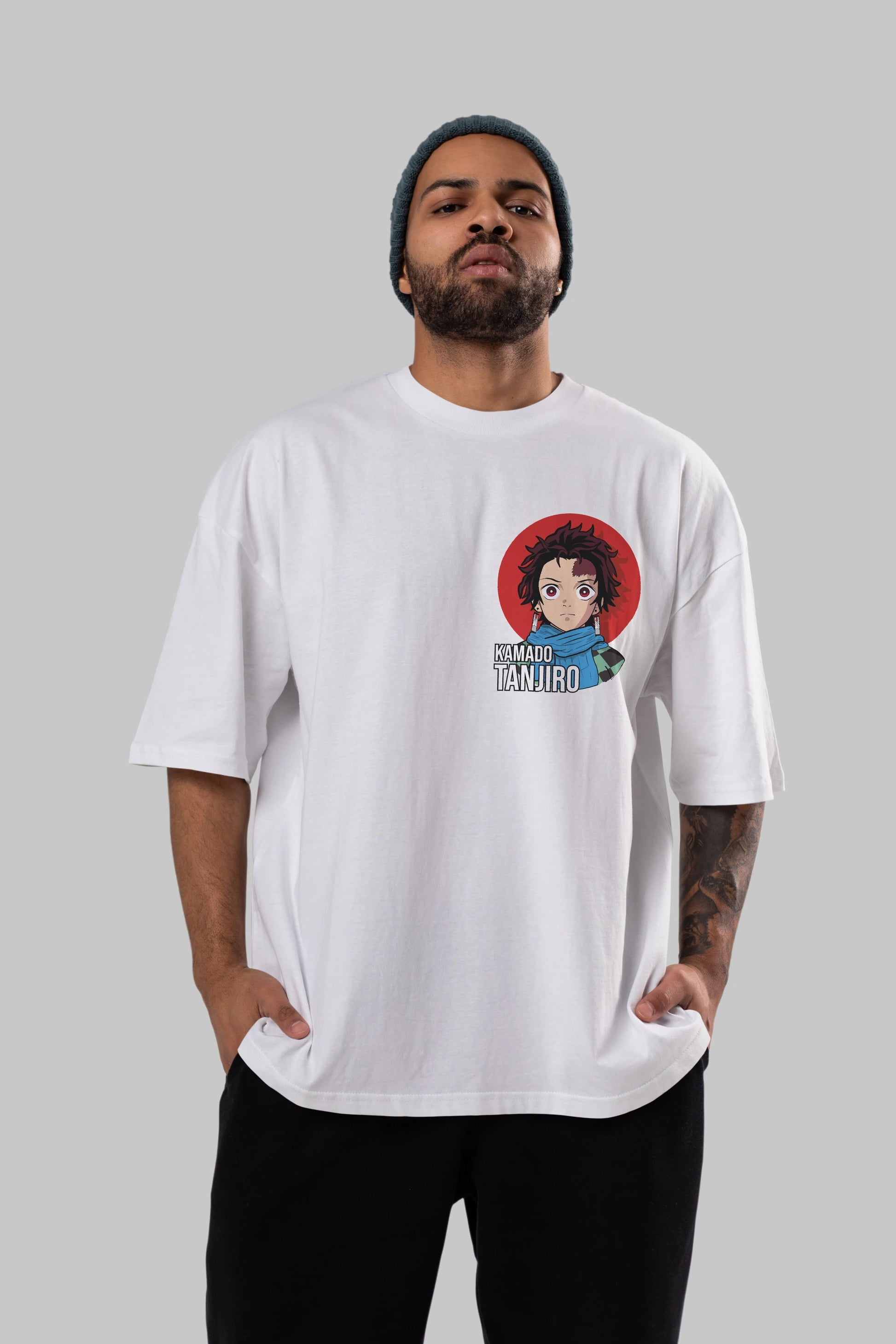 TANJIRO KAMADO Ön Sol Baskılı Oversize t-shirt Erkek Kadın Unisex %100 Pamuk Bisiklet Yaka tişort