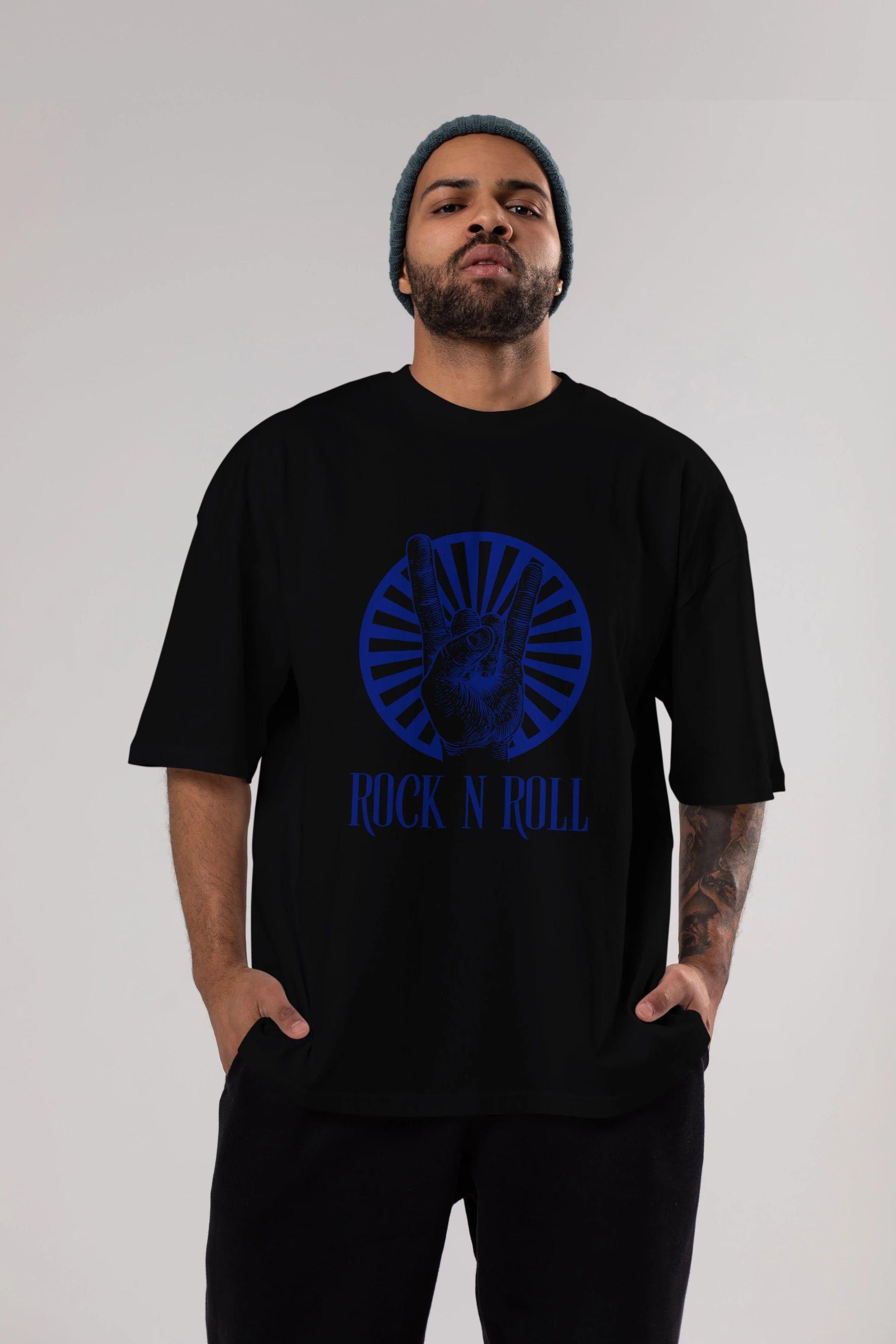 Rock N Roll Yazılı Ön Baskılı Oversize t-shirt Erkek Kadın Unisex